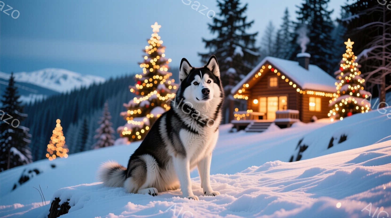 シベリアンハスキーが雪原に座り、正面を見つめている。背景には、クリスマスツリーのように飾り付けられた木々と、暖炉から煙が出ている可愛らしい丸太小屋があり、雪景色の中で温かい雰囲気を醸し出している。空は - AI生成フリー素材
