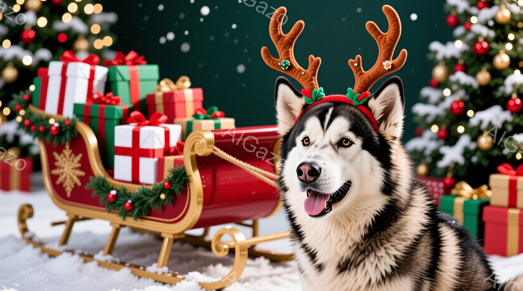 シベリアンハスキーが、頭にトナカイの角飾りをつけて、赤いそりに寄り添っています。背景にはクリスマスツリーやラッピングされたプレゼントが積まれ、雪が舞う冬の情景が広がっています。全体的に暖かく、幸せなホ - AI生成フリー素材