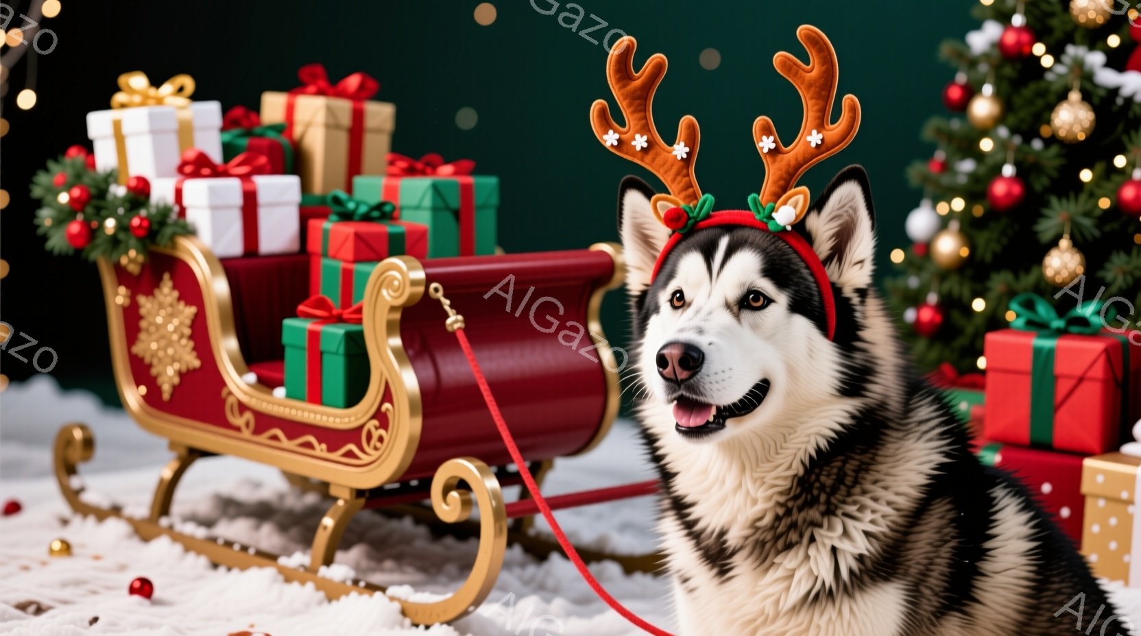 シベリアンハスキーが、クリスマスの角のついたヘッドバンドをつけて座っており、嬉しそうな表情をしています。背景には、プレゼントが積まれた赤いそりが、緑色のクリスマスツリーと共に置かれています。雪景色の中 - AI生成フリー素材