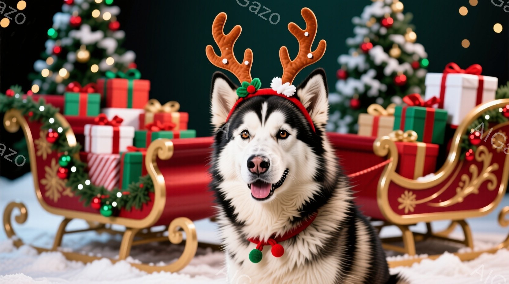 シベリアンハスキーが、クリスマスのトナカイの角と赤い首輪をつけて正面を見つめています。背景には、プレゼントで飾られたそりや、クリスマスツリー、そして雪景色が広がっており、華やかな雰囲気です。犬は口を開 - AI生成フリー素材