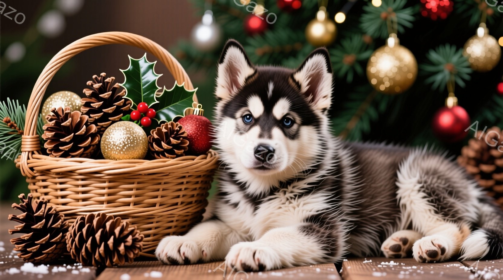 灰色の毛並みを持つ子犬が、木の板の上に横たわっています。周りには松ぼっくりやクリスマスオーナメントが置かれたバスケットがあり、背景にはクリスマスツリーがぼやけて見えます。暖かく、お祝いの雰囲気で、冬のホリデーシーズンを連想させる光景です。