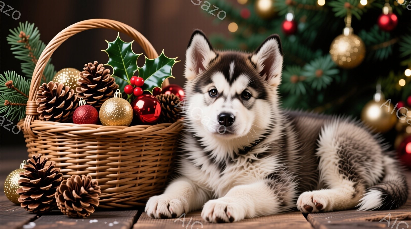 灰色の毛並みの子犬が、木の板の上に横たわっています。そばには、松ぼっくりや赤いオーナメントが入ったバスケットが置かれ、背景にはクリスマスツリーの緑が広がっています。暖かく、穏やかなクリスマスの雰囲気が - AI生成フリー素材