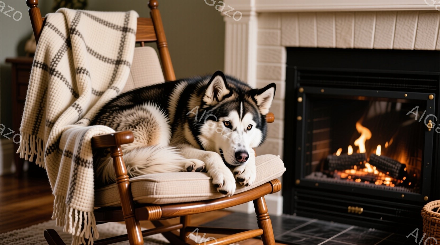 シベリアンハスキーがロッキングチェアに横たわり、リラックスした表情で正面を見つめている。ロッキングチェアにはオフホワイトの縞模様のブランケットが掛けられており、背景には暖炉の火が燃え盛っている。全体的 - AI生成フリー素材