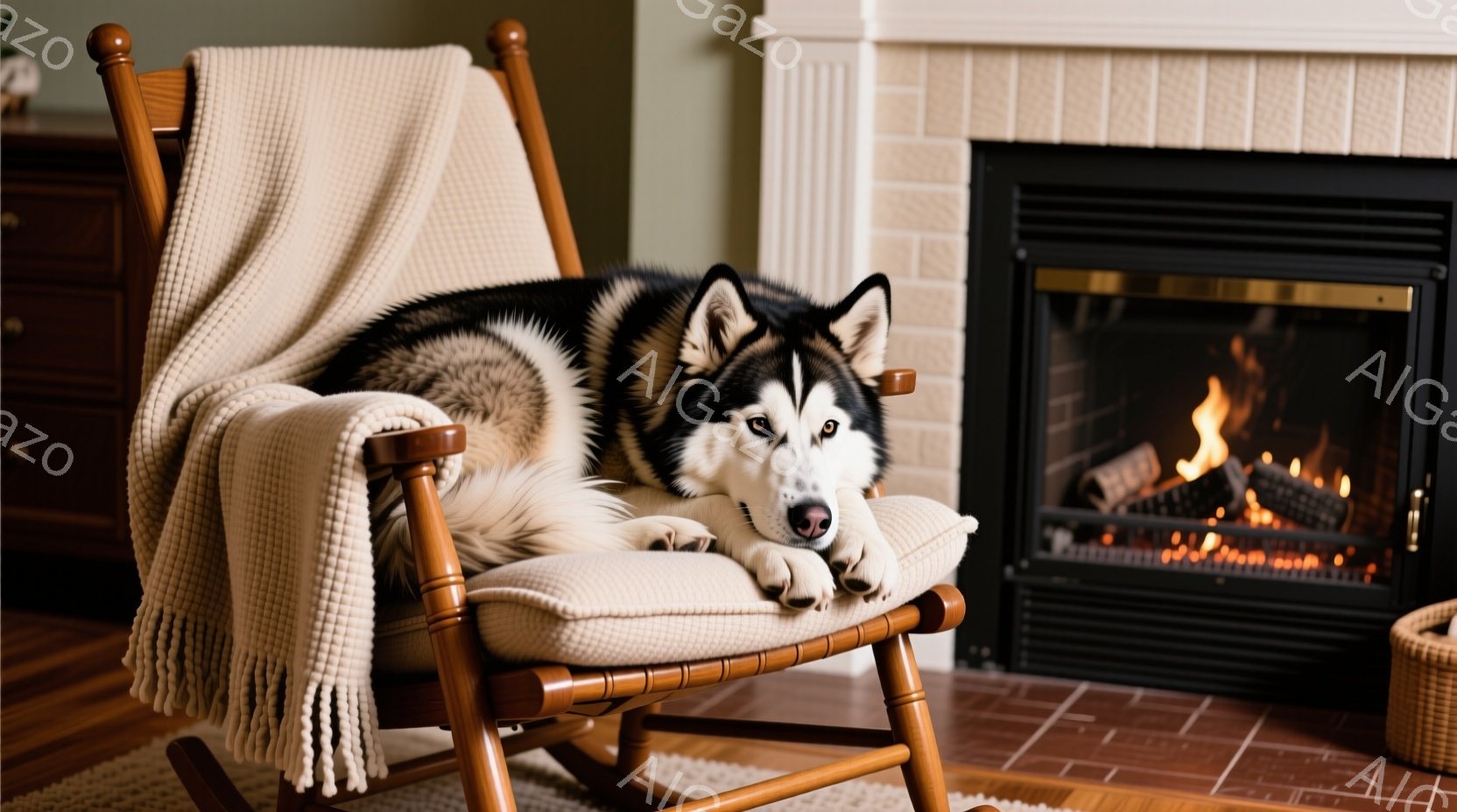 暖炉のそばにあるロッキングチェアに、シベリアンハスキーが横たわっています。犬はリラックスした表情で、まるで椅子が自分のためのものであるかのように安らかに眠っているようです。背景には暖炉があり、温かい光 - AI生成フリー素材