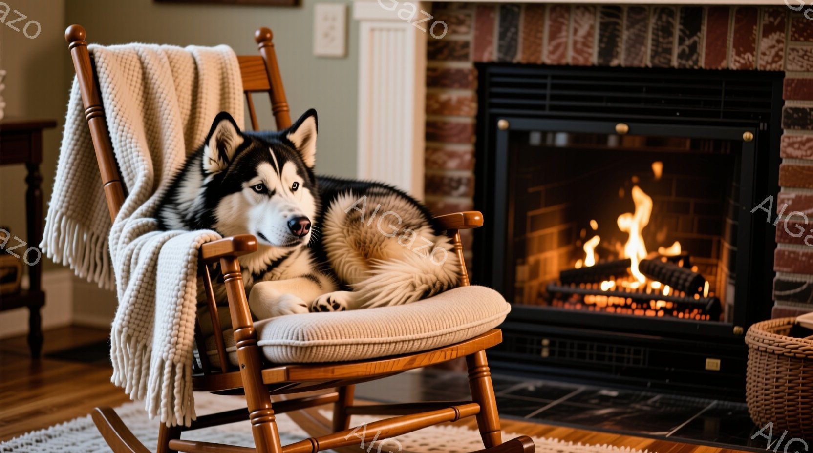 シベリアンハスキーが揺り椅子にリラックスして横たわっています。椅子には白い毛布がかけられており、犬はゆったりとした姿勢でくつろいでいます。背景には暖炉があり、炎が燃えており、温かくて居心地の良い雰囲気を醸し出しています。