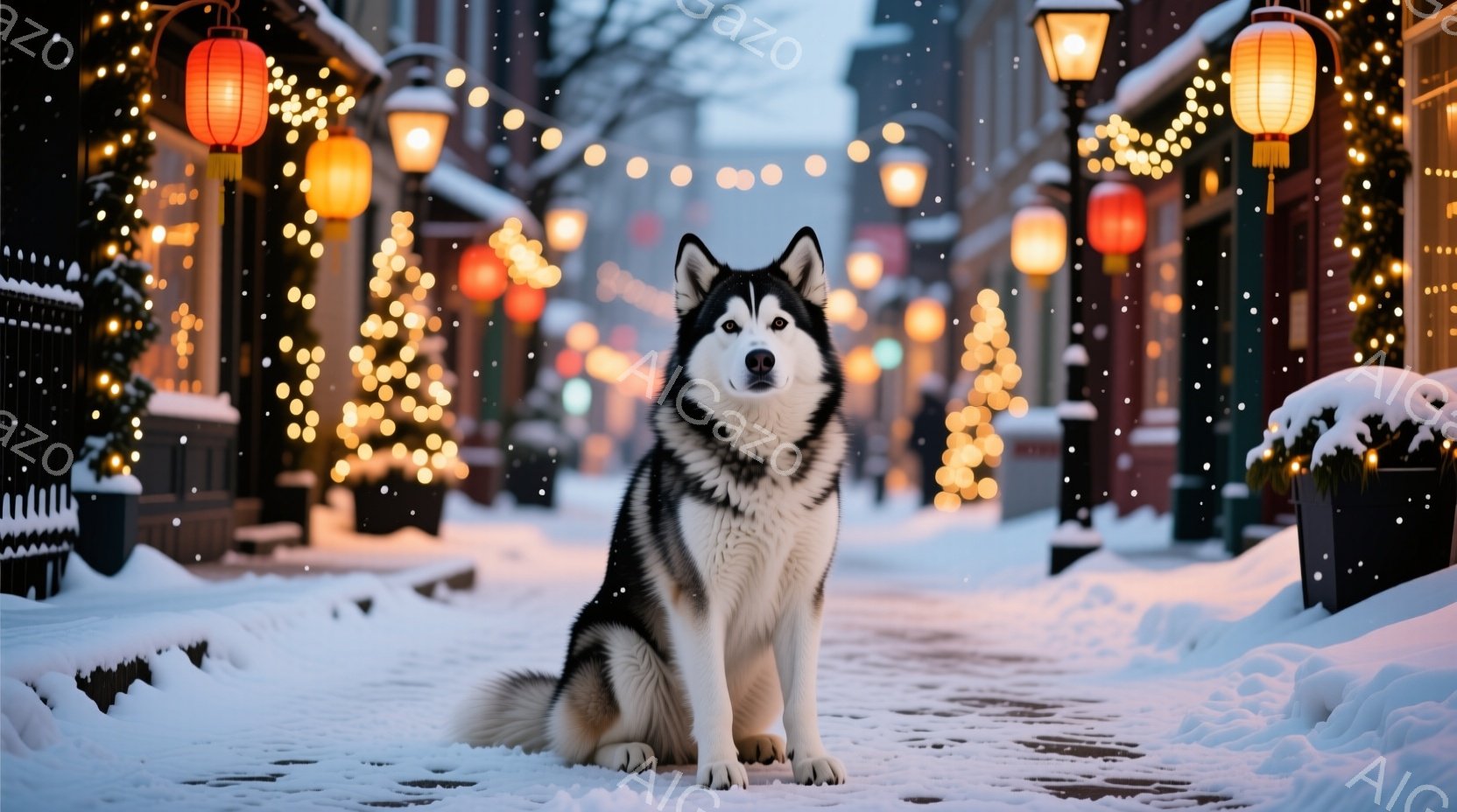 白と黒のシベリアンハスキーが雪に覆われた街路に座っている。背景には、カラフルな電飾が輝き、雪が舞う冬の風景が広がり、暖かい光がハスキーを照らしている。全体として、穏やかで幻想的な冬の雰囲気が漂っている - AI生成フリー素材
