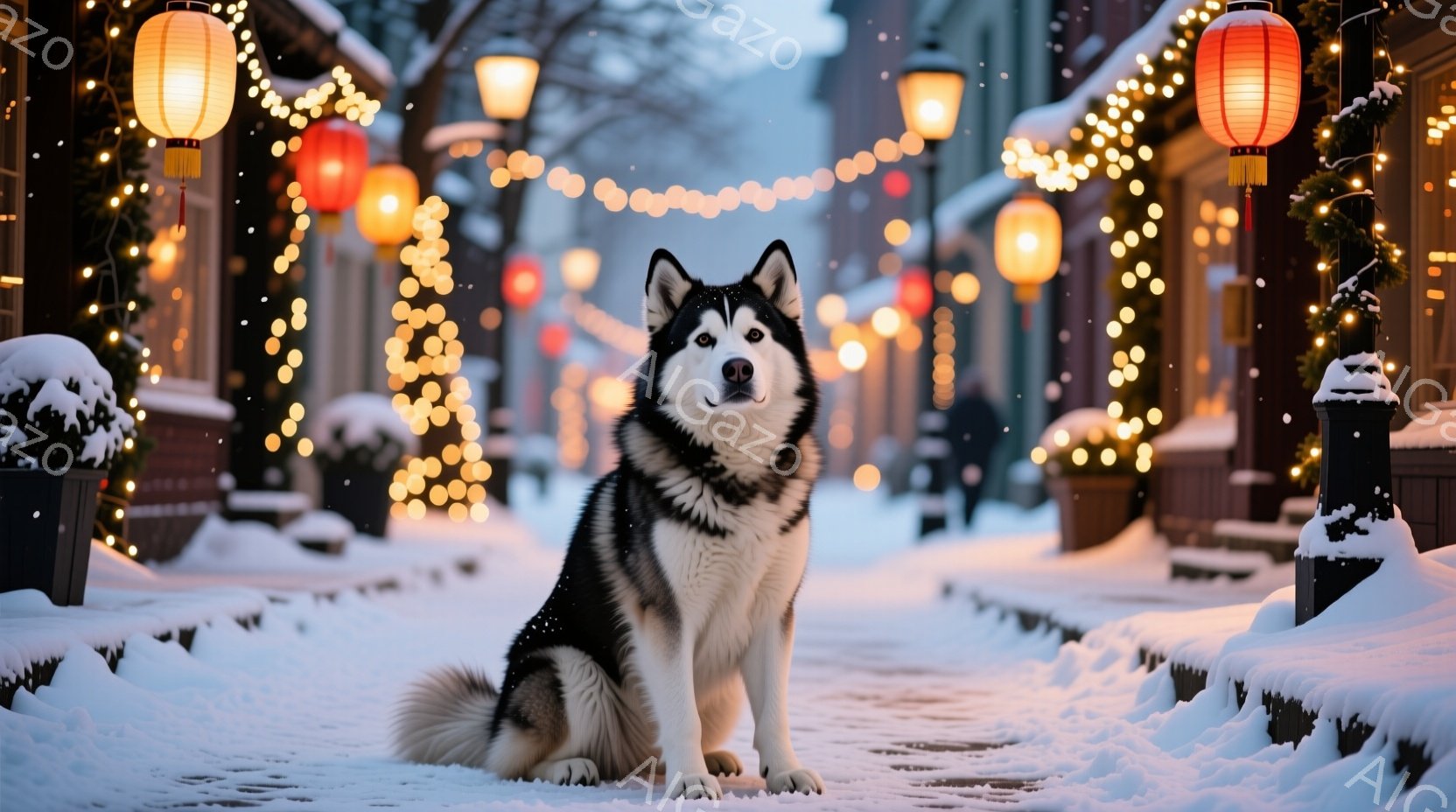 雪が降り積もる通りに、シベリアンハスキーが座っています。背景には、クリスマスの飾り付けがされた街並みが広がり、暖かく幻想的な雰囲気を醸し出しています。犬はまっすぐ前を見ており、堂々とした姿勢が印象的で - AI生成フリー素材