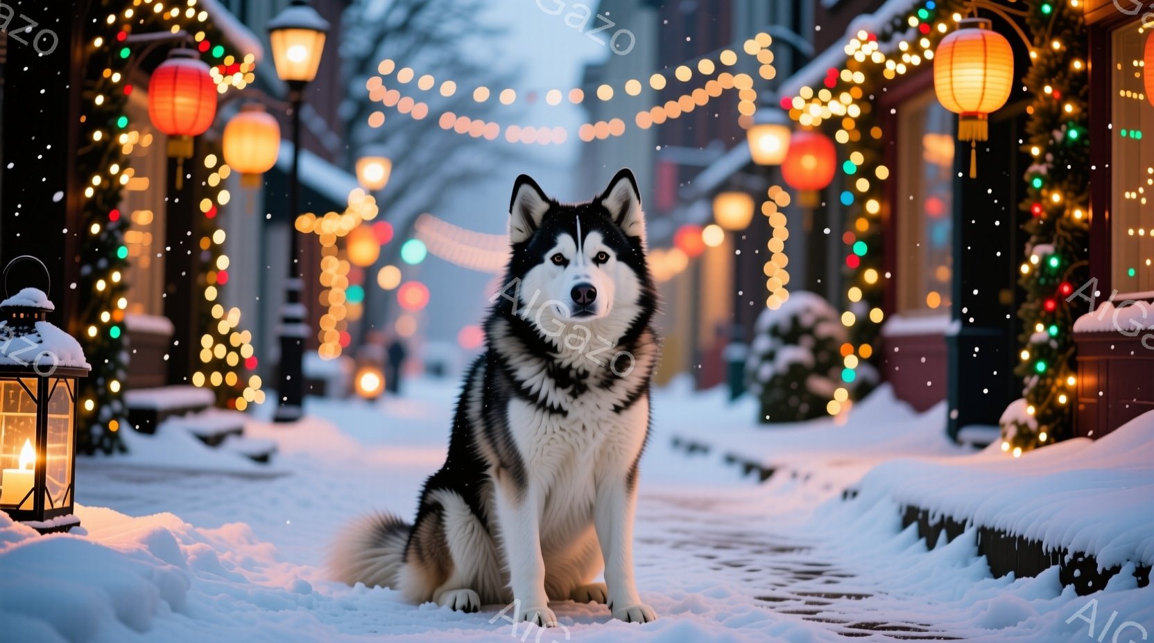 シベリアンハスキーが雪に覆われた街路に座っています。背景には、カラフルなイルミネーションで飾られた建物や街灯があり、雪が舞い散る冬の夜の暖かく幻想的な雰囲気を醸し出しています。ハスキーは正面をまっすぐ見ており、落ち着いた表情で、雪景色に溶け込む白と黒の毛並みが美しいです。