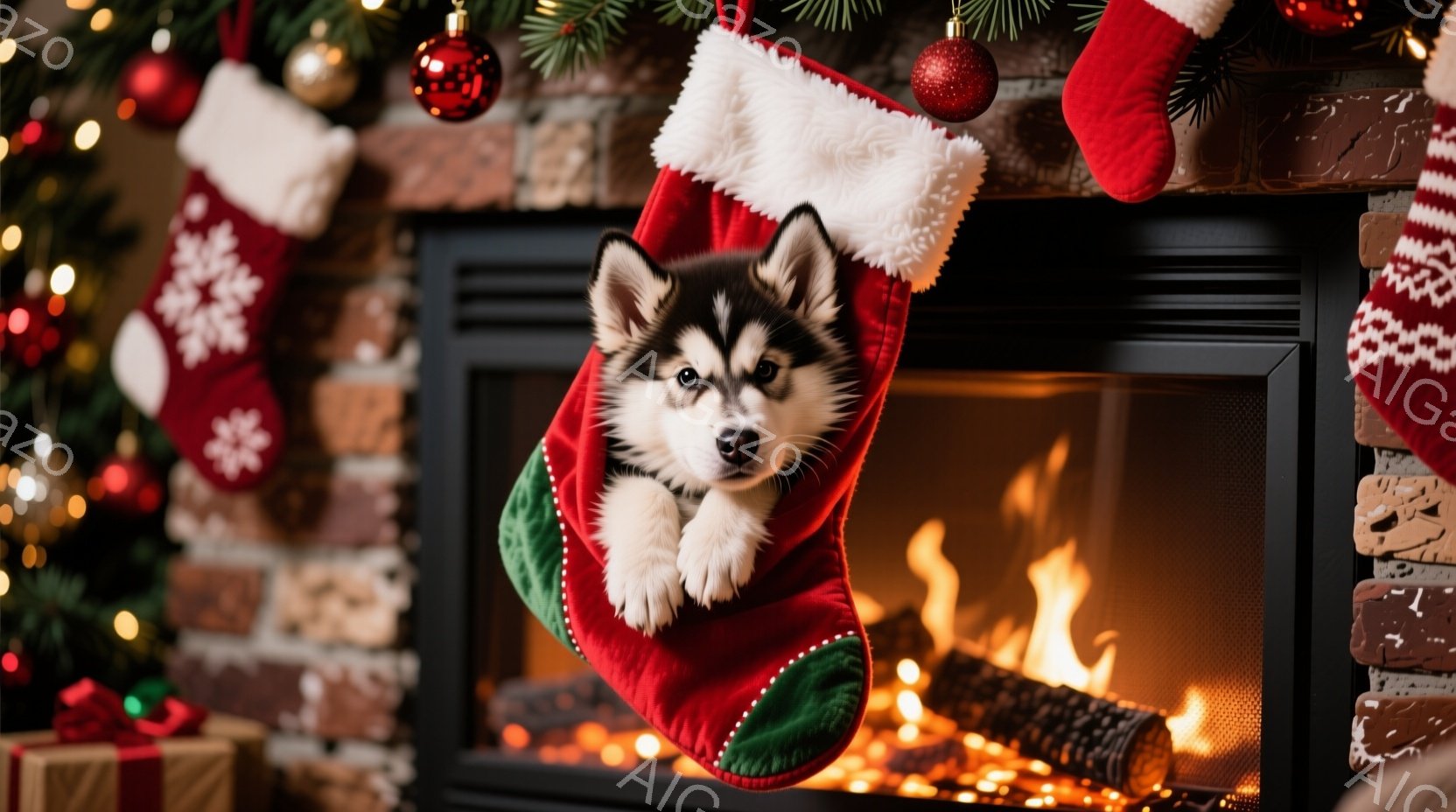 赤いクリスマスストッキングの中に、シベリアンハスキーの子犬がちょこんと座っています。暖炉の炎が子犬を暖かく照らし、背景にはクリスマスツリーやプレゼントが見え、温かいクリスマスの雰囲気が漂っています。子 - AI生成フリー素材
