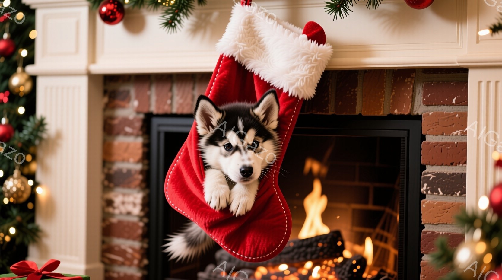 赤いクリスマスストッキングの中に、可愛らしい子犬が顔を出しています。子犬は黒と白の毛並みで、少し驚いたような表情でこちらを見ています。背景にはレンガ造りの暖炉と、クリスマスオーナメントで飾られたクリス - AI生成フリー素材