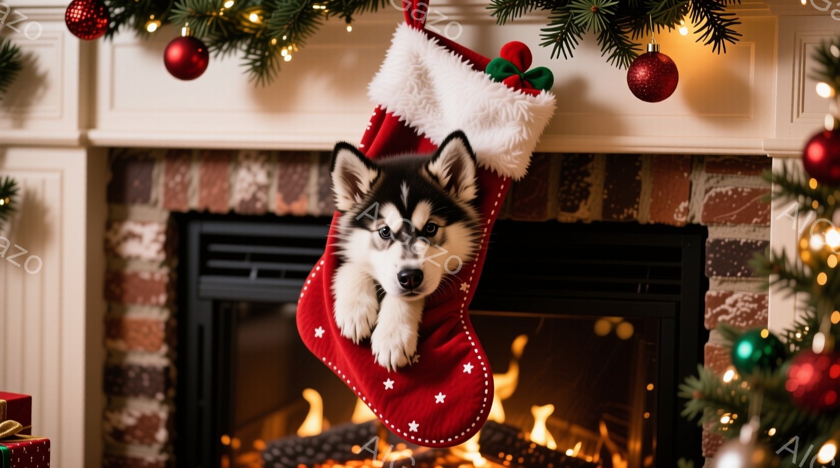 雪景色の中に、プレゼントの山を積んだそりが置かれ、そのそばにシベリアンハスキーが横たわっています。ハスキーは赤い首輪をつけており、穏やかで優しい表情をしています。背景には雪に覆われた木々が広がり、全体 - AI生成フリー素材