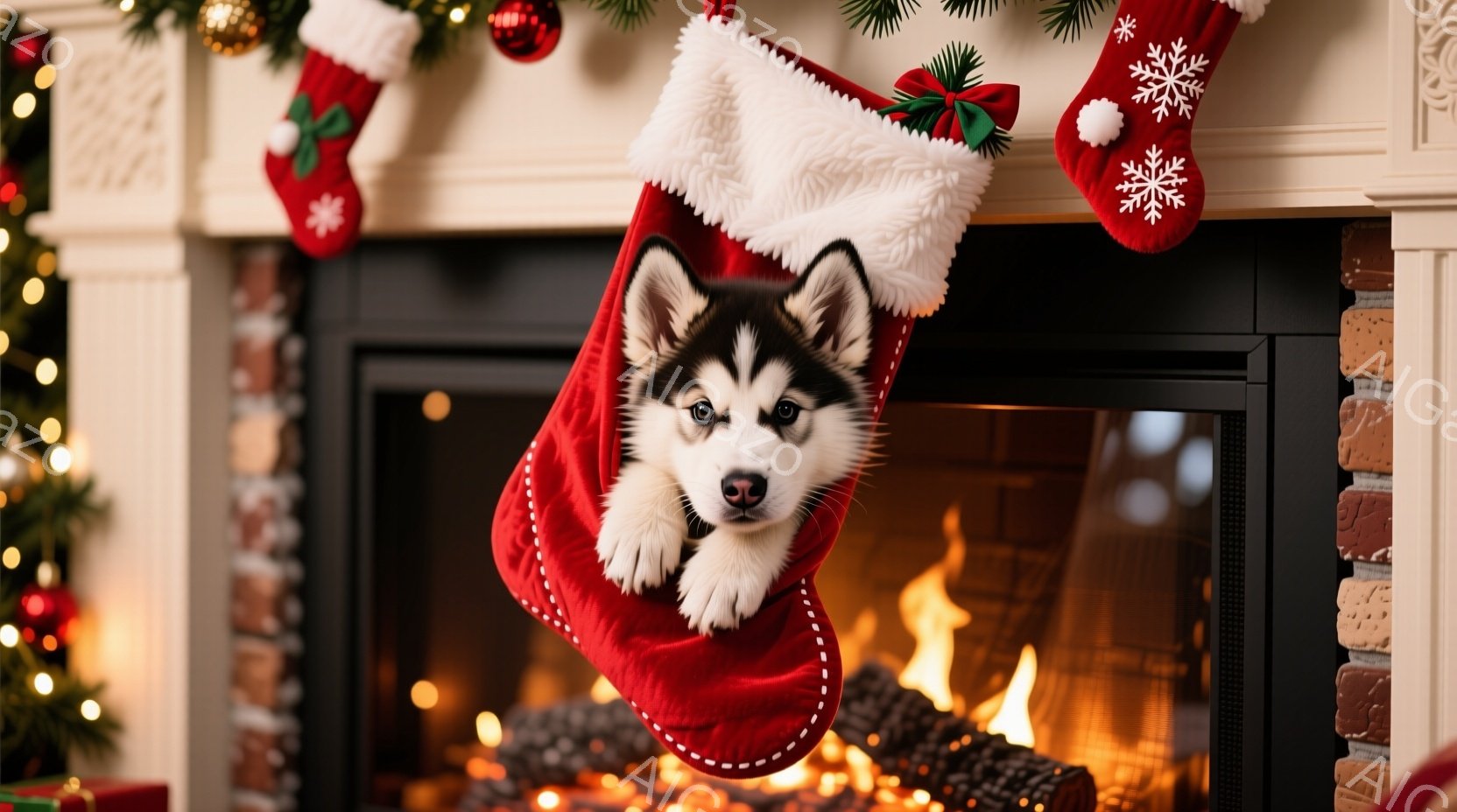赤いクリスマスストッキングの中に、シベリアンハスキーの子犬が顔を出しています。子犬は好奇心旺盛な表情で、少しばかりストッキングから顔を出し、前足もかけています。背景には、燃え盛る暖炉と、クリスマスツリ - AI生成フリー素材