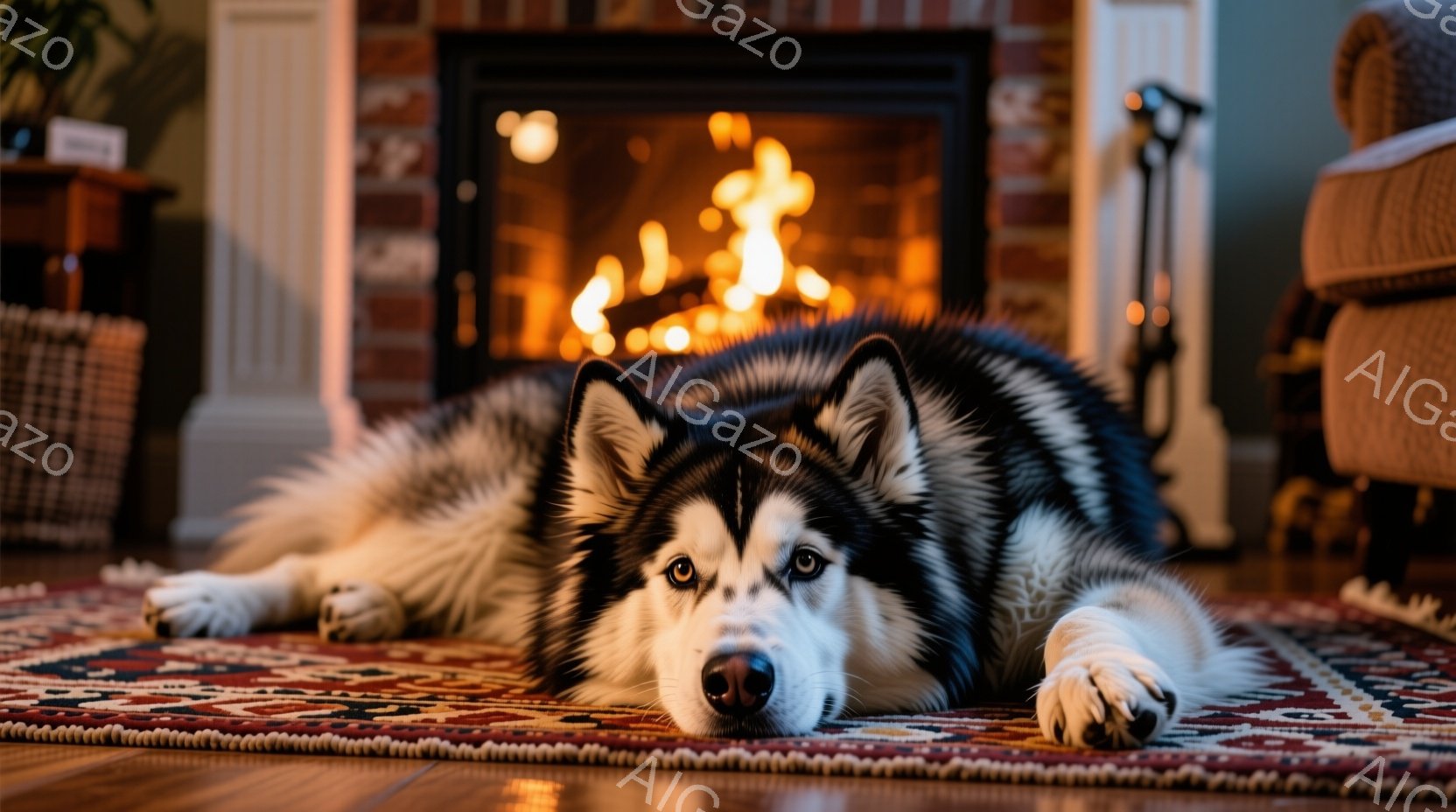 鮮やかな色のペルシャ絨毯の上に、シベリアンハスキーが横たわっています。その表情は穏やかで、カメラを見つめながらリラックスした様子が伺えます。暖炉の炎が背景にあり、部屋全体が温かく居心地の良い雰囲気に包まれています。