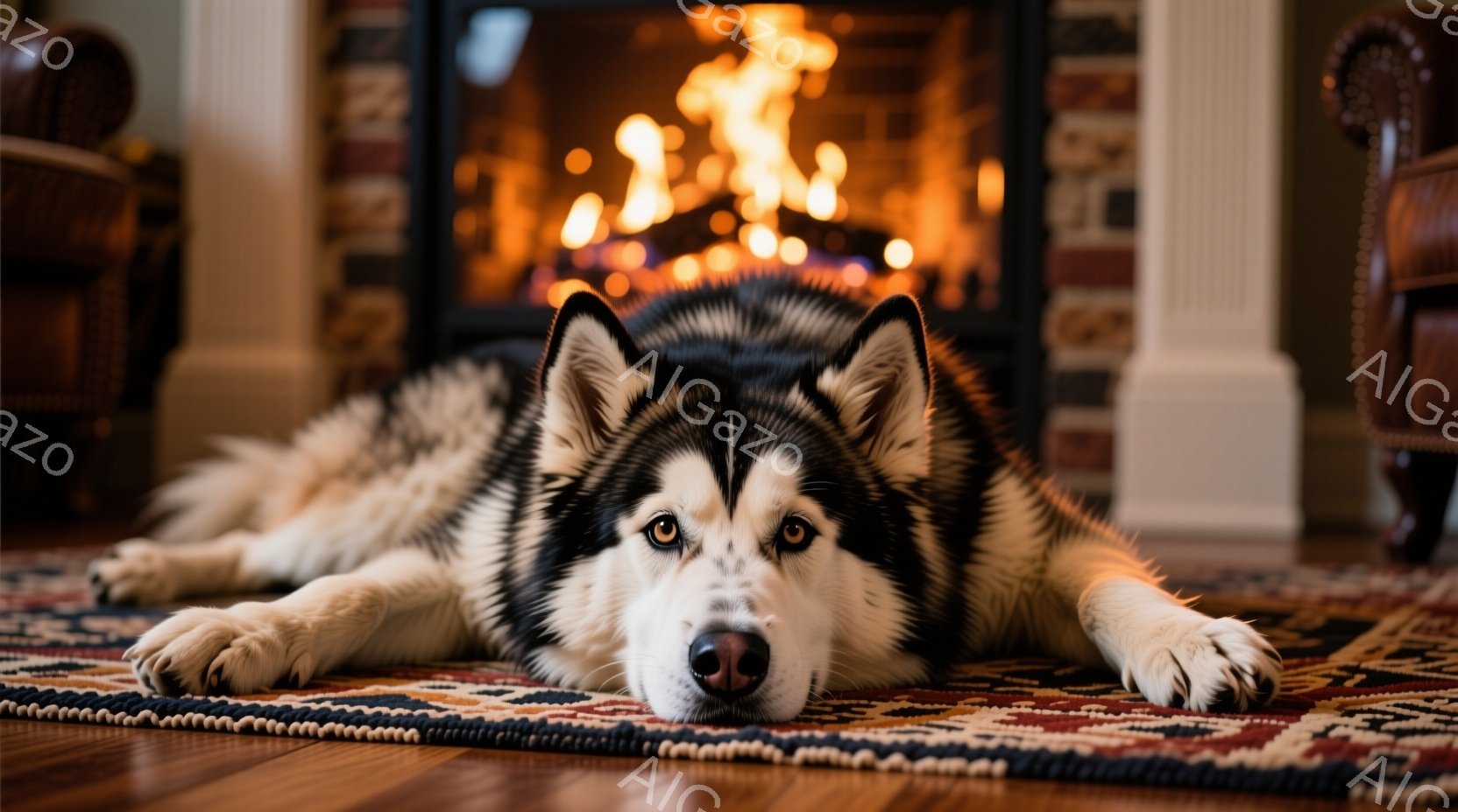シベリアンハスキーが敷かれた絨毯の上で横たわっており、カメラの方をじっと見つめています。暖炉の炎が背景にあり、室内は暖かく落ち着いた雰囲気です。木製の床と暖炉の装飾が、居心地の良い空間を演出しています - AI生成フリー素材