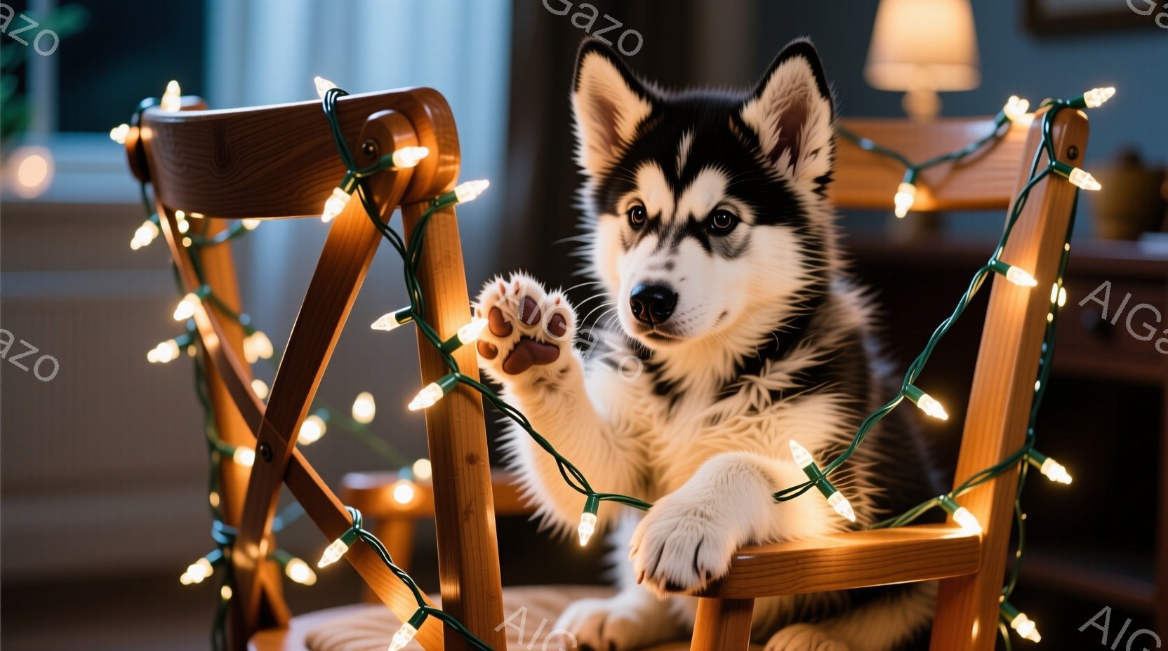 白と黒のハスキーの子犬が、クリスマスライトに飾られた折りたたみ椅子にリラックスして座っています。前足を伸ばして、まるで挨拶しているかのように片足を少し上げています。背景はぼやけていますが、暖色系の照明 - AI生成フリー素材