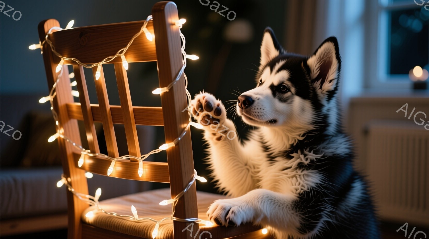椅子に寄りかかり、クリスマスライトを前足で優しく触れている子犬が写っています。子犬はシベリアンハスキーのような外見で、黒と白の毛並みが特徴的です。背景は室内で、暖かく、穏やかな雰囲気を感じさせます。
