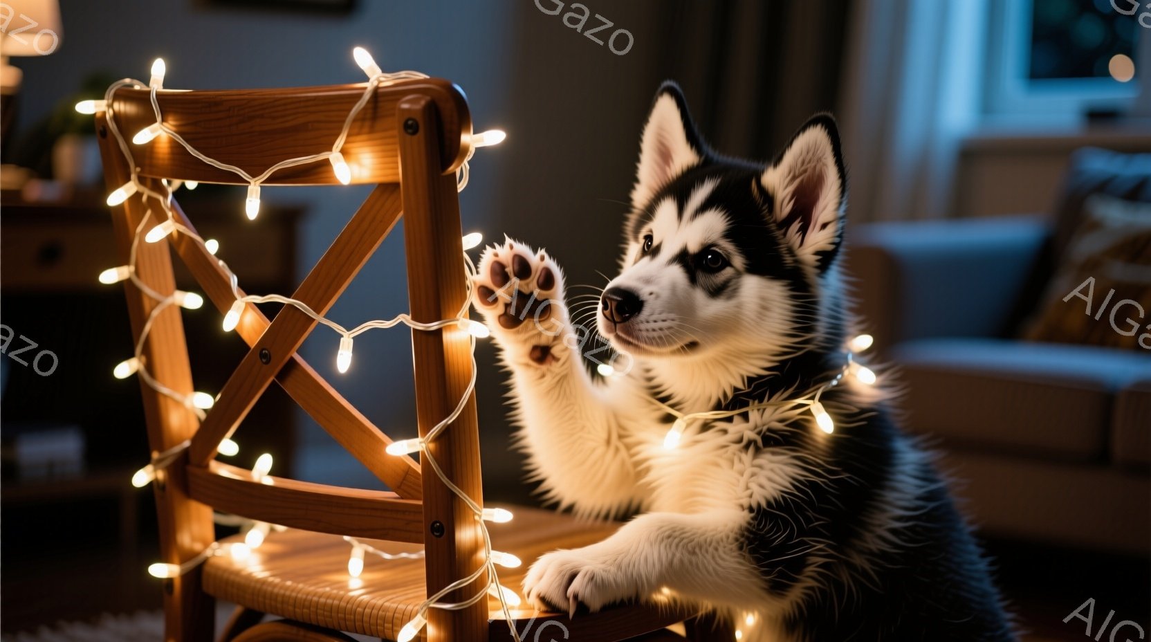白と黒のハスキーの子犬が、クリスマスのような電飾が巻き付いた木の椅子に体を預けています。子犬は片手を伸ばし、まるで電飾を捕まえようとしているかのような可愛らしいポーズをしています。背景にはぼやけた家具 - AI生成フリー素材