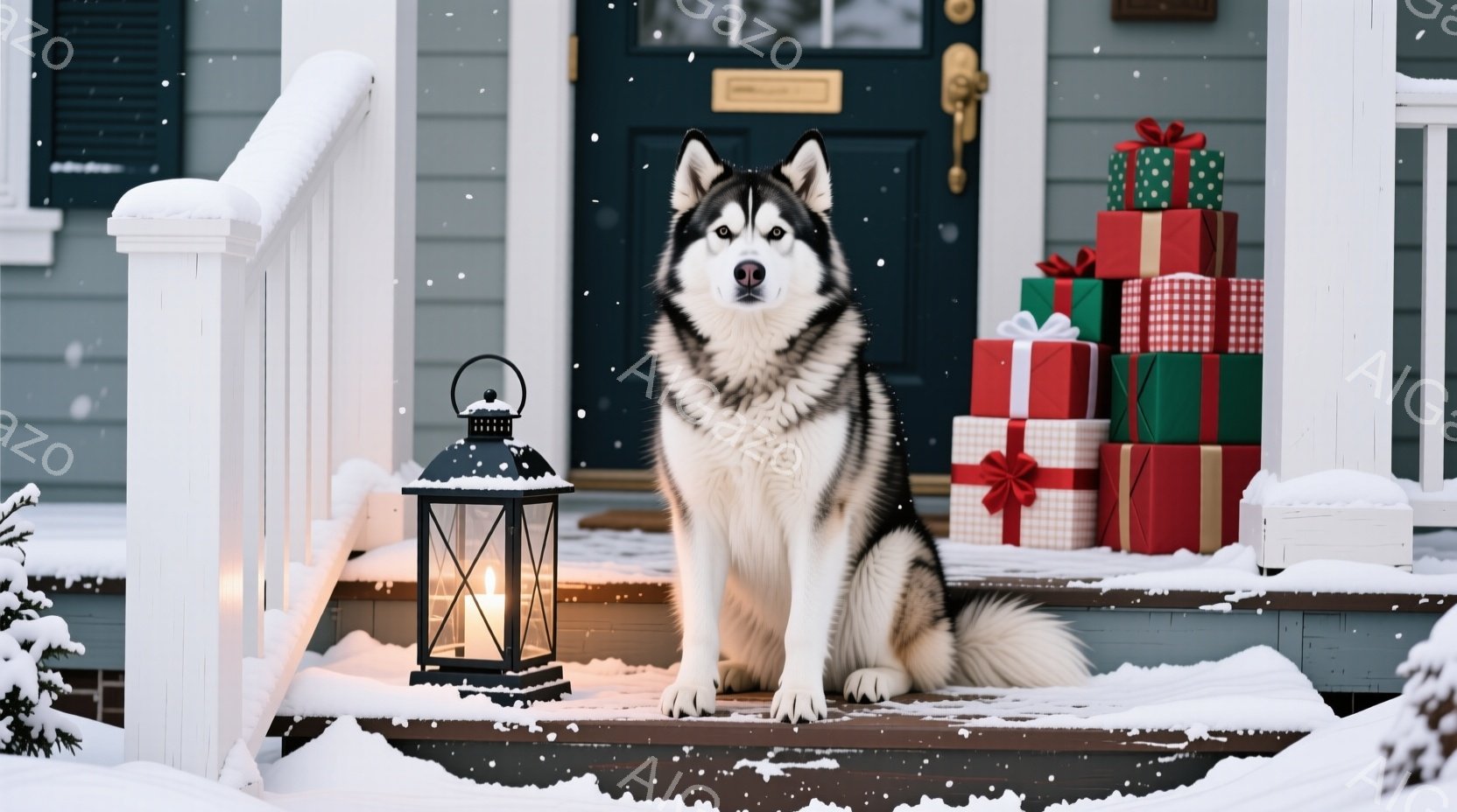 雪が降る家の外階段に、シベリアンハスキーが座っています。ハスキーは真っ白と黒の毛並みで、カメラに向かってまっすぐ前を見ています。背景には、リボンで飾られたプレゼントの積み重ねと、キャンドルが灯ったラン - AI生成フリー素材