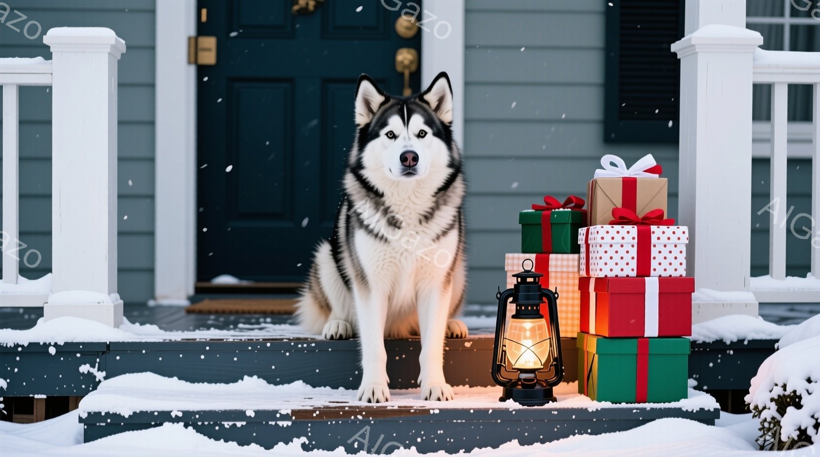 白と黒のシベリアンハスキーが雪で覆われた家の階段に座っています。その隣には、赤、オレンジ、緑のリボンで飾られたプレゼントの山と、灯りが点いたランタンが置かれています。背景は雪景色で、クリスマスの雰囲気 - AI生成フリー素材