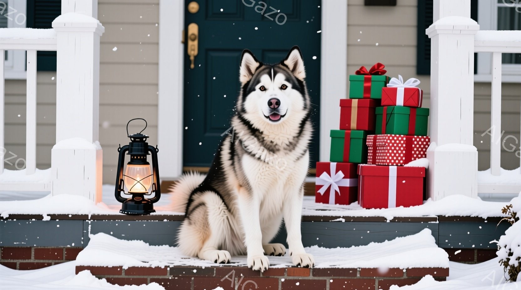 白と黒の毛並みのシベリアンハスキーが、雪積もった家の玄関前に座っています。犬の隣には、カラフルなリボンで飾られた複数のプレゼントボックスが積み上げられています。背景には、雪が舞う冬の風景が広がり、温かく、お祝いムードに満ちた雰囲気です。
