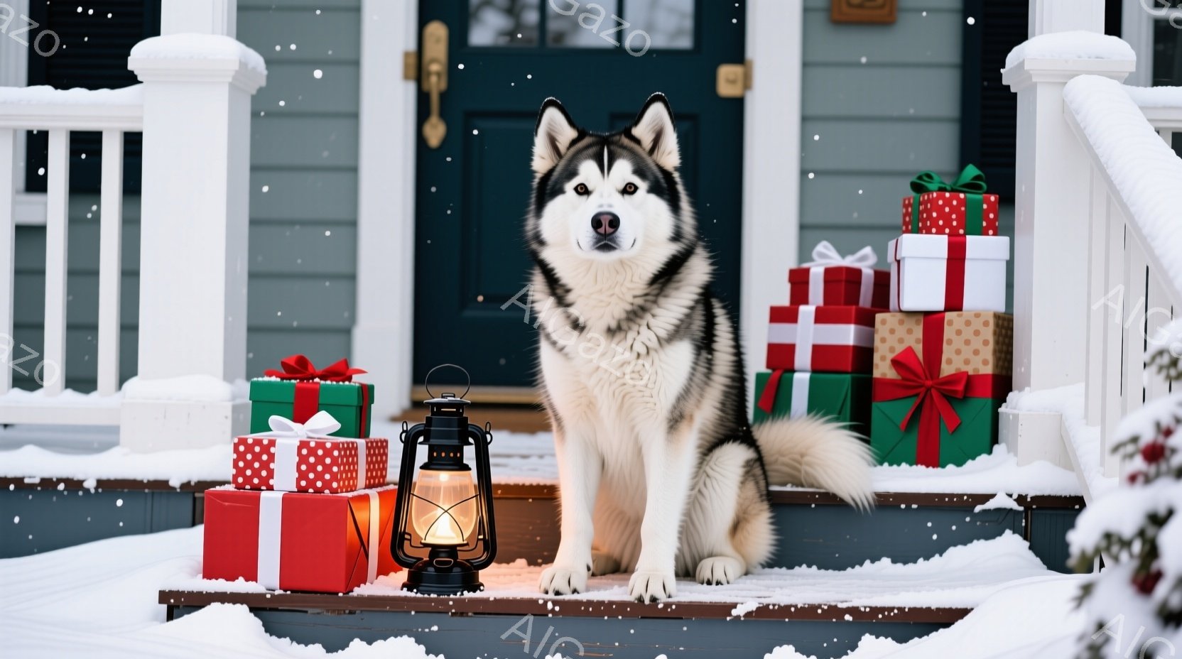 雪が降り積もった家の階段に、シベリアンハスキーが座っています。周りにはカラフルなリボンで飾られたプレゼントの山があり、手前に赤いランタンが置かれています。背景には木製の家が見え、全体的に温かく、クリスマスの雰囲気が漂う写真です。