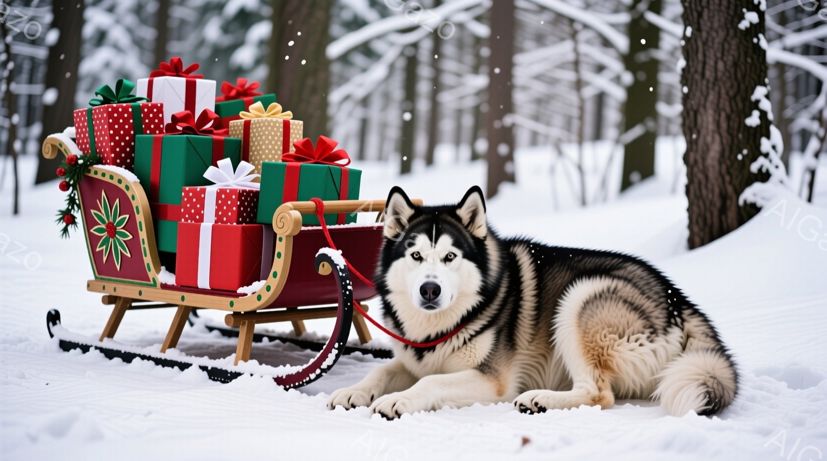 雪景色の中に、プレゼントが積み込まれたそりが置かれ、そのそばにシベリアンハスキーが横たわっています。犬は赤い首輪をつけており、まっすぐ前を見つめて、落ち着いた表情をしています。背景には雪をまとった木々 - AI生成フリー素材