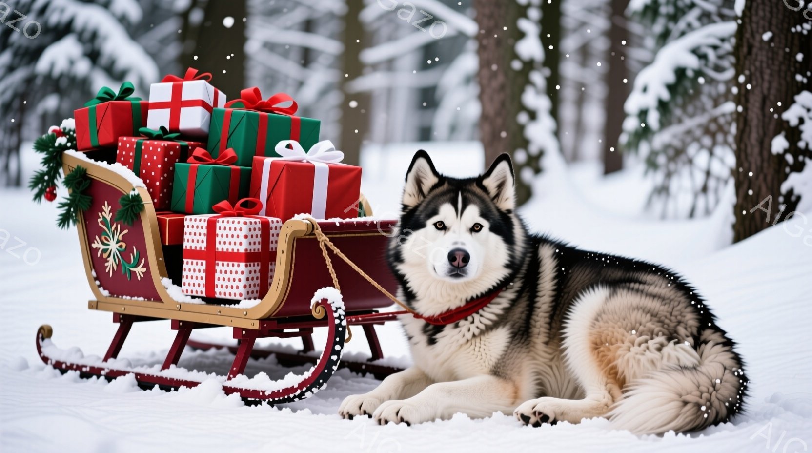 シベリアンハスキーが雪の中に座り、赤いソリがその横にあります。ソリには色とりどりのリボンで飾られたプレゼントが積み重ねられています。背景は雪に覆われた木々と白い景色で、クリスマスの温かく穏やかな雰囲気 - AI生成フリー素材