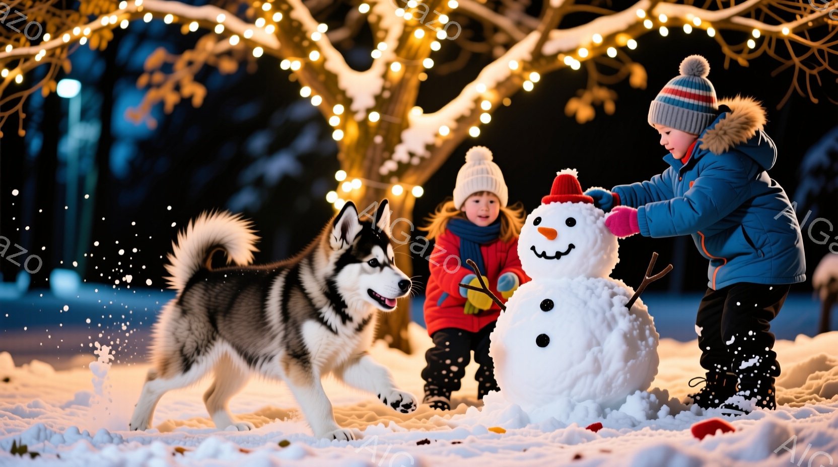 雪景色の中で、少年と少女が雪だるまを作っています。少年は青いジャケットと帽子を着用し、雪だるまの腕を設置しようとしています。少女は赤いジャケットとポンポン付きの帽子をかぶり、雪の中で楽しそうに駆け回っ - AI生成フリー素材