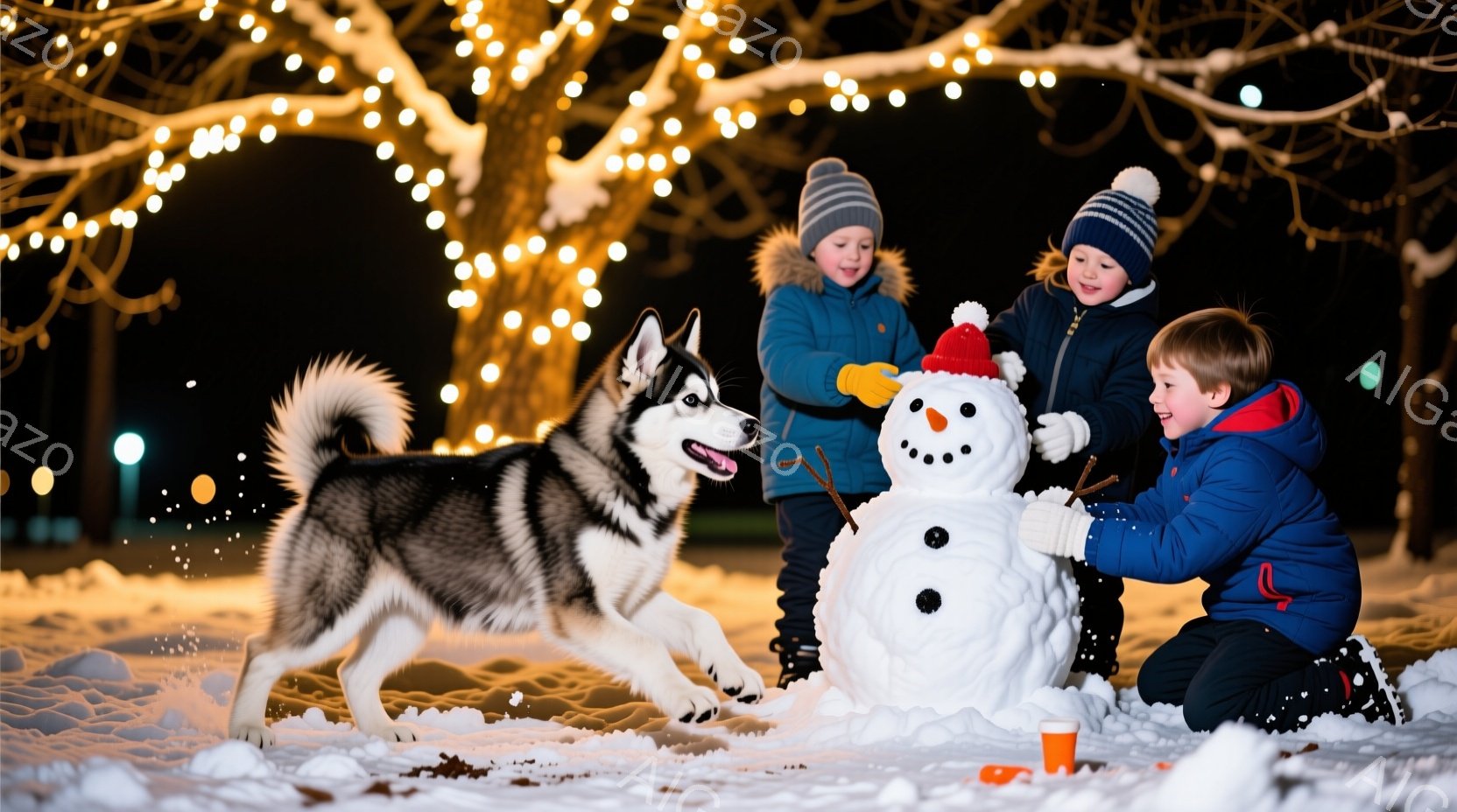 雪景色の中で、二人の子供と一匹のシベリアンハスキーが雪だるまを作っています。子供たちは冬の帽子とジャケットを着ており、笑顔で雪だるまに目や口を付けています。背景には点灯されたイルミネーションがあり、暖 - AI生成フリー素材