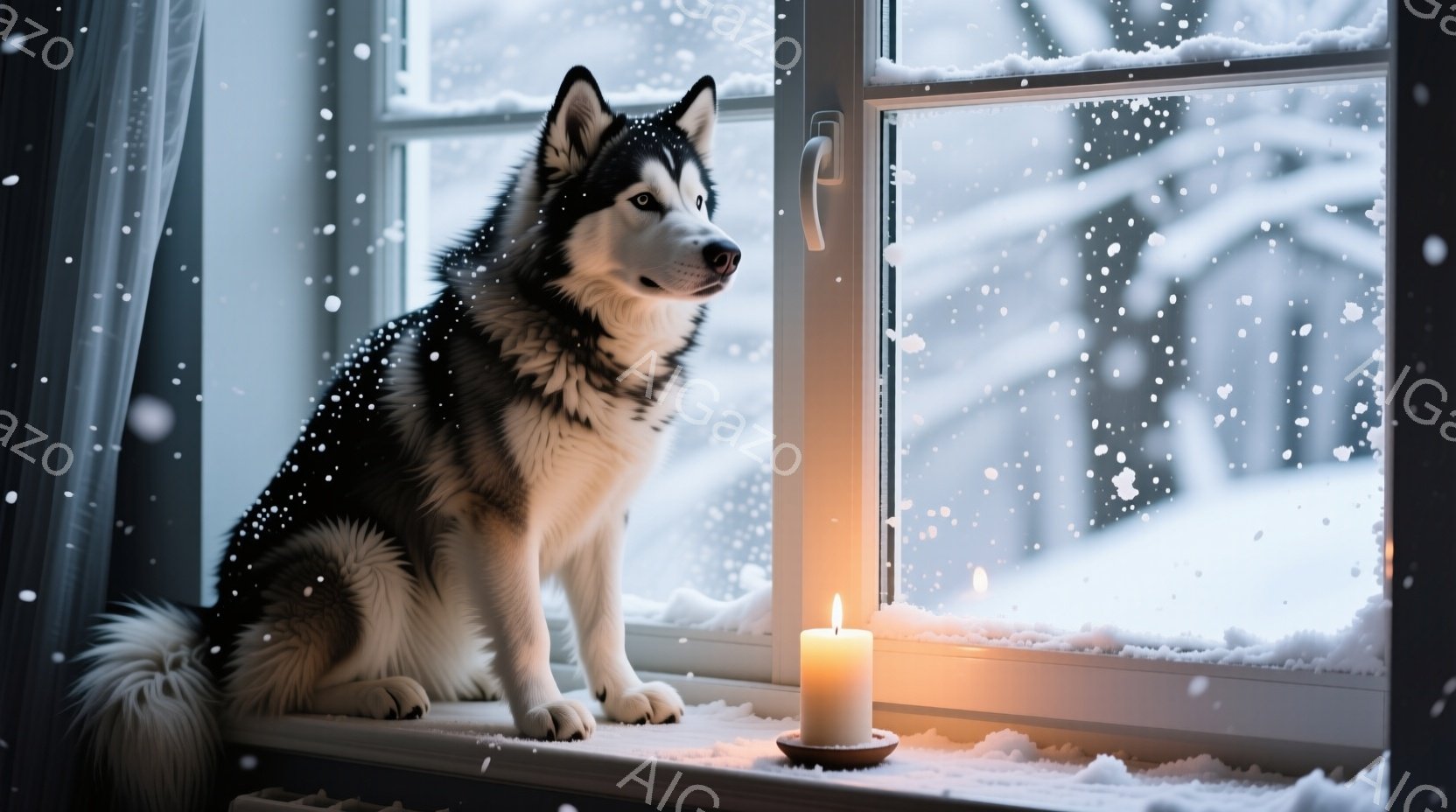 雪が降る冬の日に、窓辺にシベリアンハスキーが座っています。ハスキーは黒と白の毛並みで、鋭い目つきで外を眺めており、どこか物憂げな表情を浮かべています。窓の外には雪景色が広がり、暖炉のロウソクが穏やかな - AI生成フリー素材