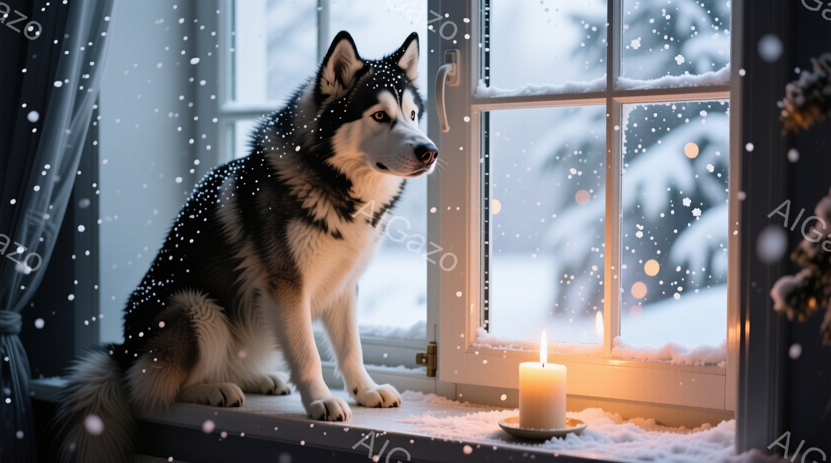 シベリアンハスキーが雪景色が見える窓辺に座っています。窓枠には雪が積もり、そばには灯されたキャンドルが暖かな光を放っています。全体的に静かで穏やかな冬の雰囲気が漂い、ハスキーの凛とした表情と雪景色が美 - AI生成フリー素材