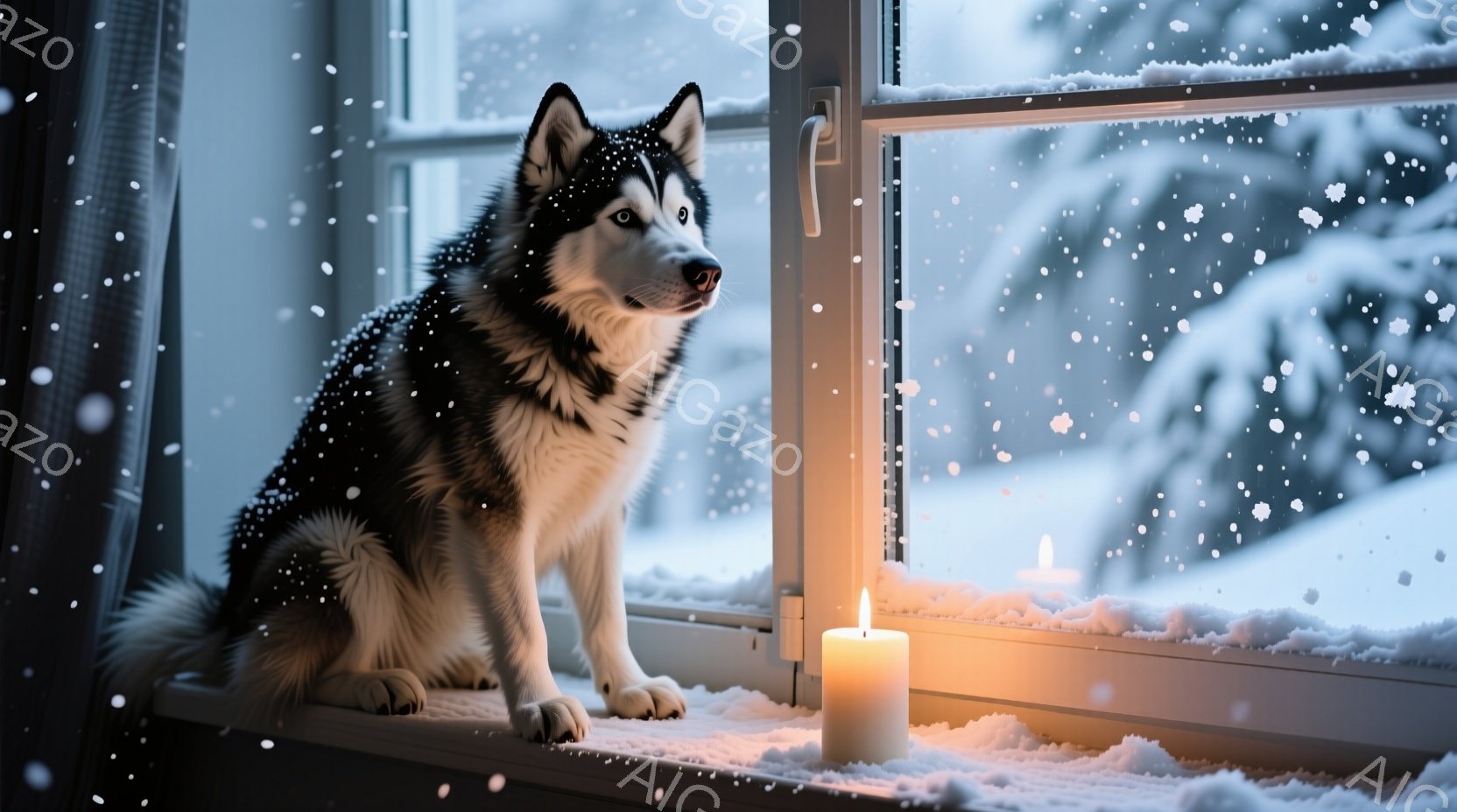 シベリアンハスキーが窓枠に座り、雪景色を見つめている。窓の内側には白いキャンドルが灯り、温かい光が犬を照らしている。背景は雪に覆われた木々と一面の銀世界で、静かで穏やかな冬の雰囲気が漂っている。 - AI生成フリー素材