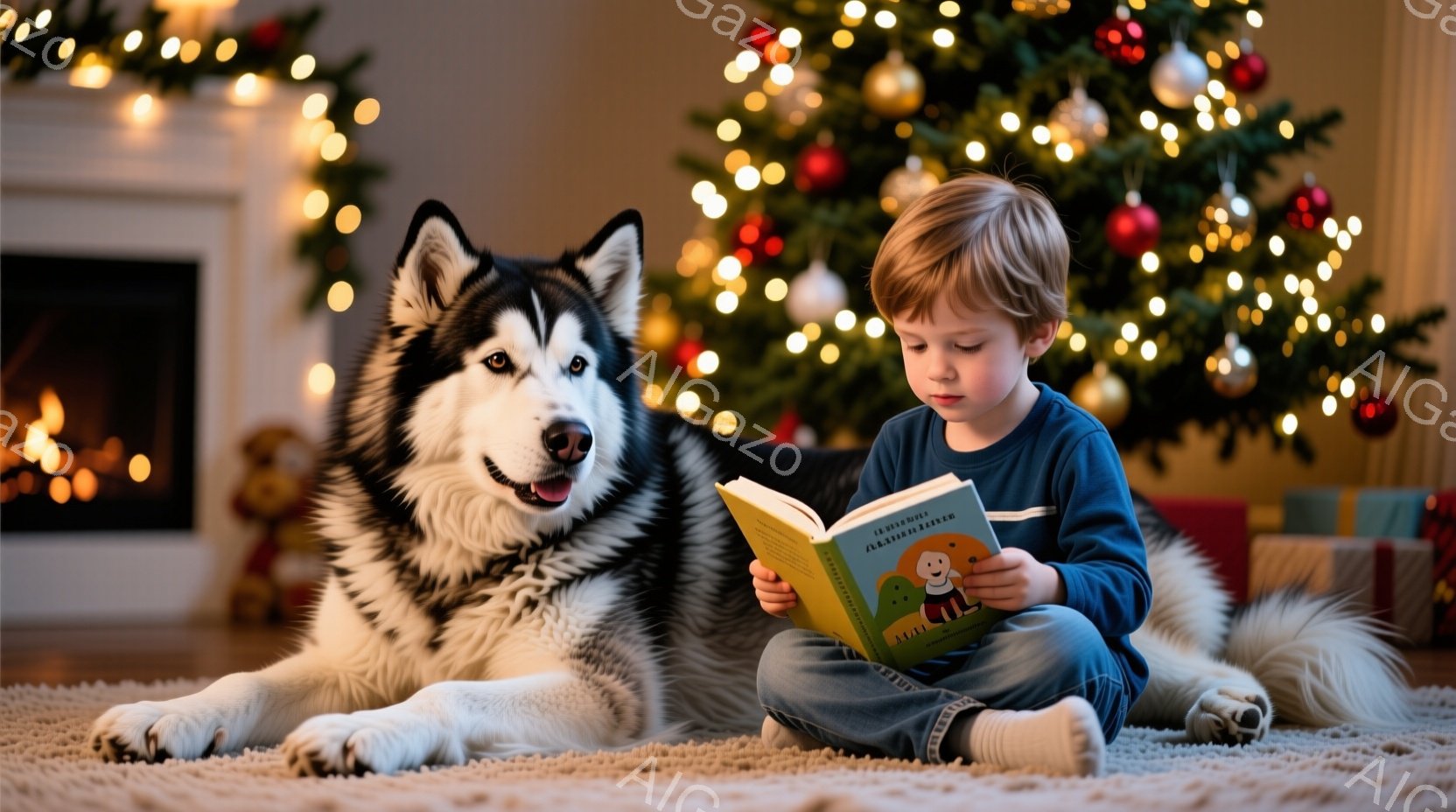 少年は床に座り、膝の上に開いた本を熱心に読んでいる。彼は青いセーターとジーンズを着ており、金髪で少しカールした髪をしている。背景にはクリスマスツリーが飾られ、暖炉があり、居心地の良い雰囲気を醸し出して - AI生成フリー素材