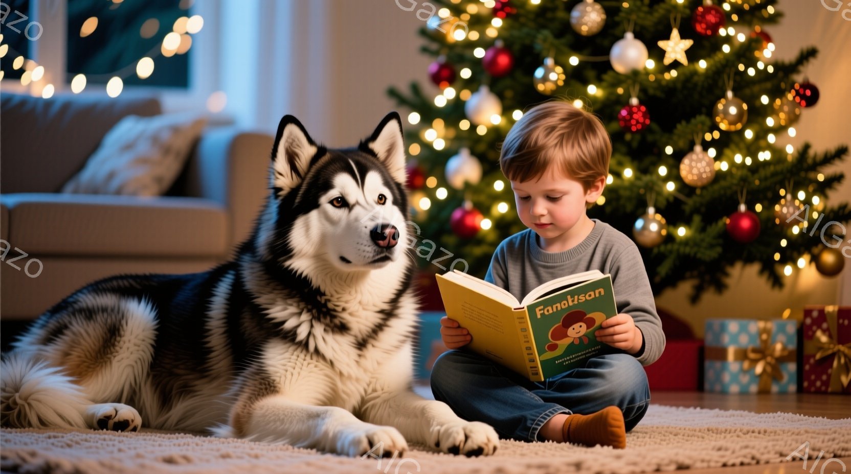 少年はカーペットの上に座り、膝を曲げて本を読んでいます。彼は青いズボンと赤い靴下を履いており、金髪の髪は少し無造作に整えられています。背景には、装飾されたクリスマスツリーとプレゼント、そして横たわって - AI生成フリー素材