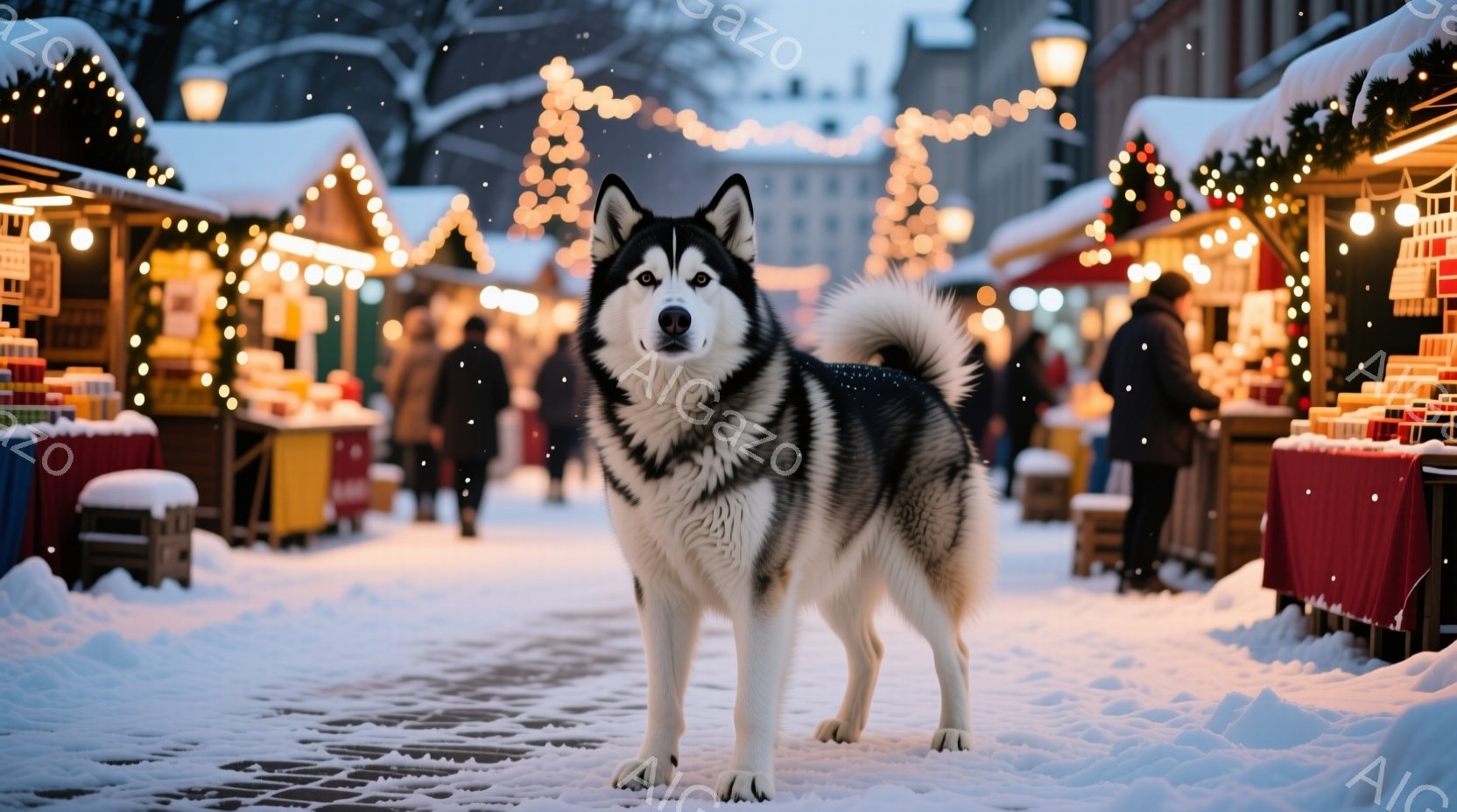 白と黒のシベリアンハスキーが雪に覆われた石畳の道に立っている。背景には、クリスマスマーケットの屋台が並び、暖かい光で照らされている。雪が舞い降りる冬の夜の、穏やかで祝祭的な雰囲気が漂っている。 - AI生成フリー素材