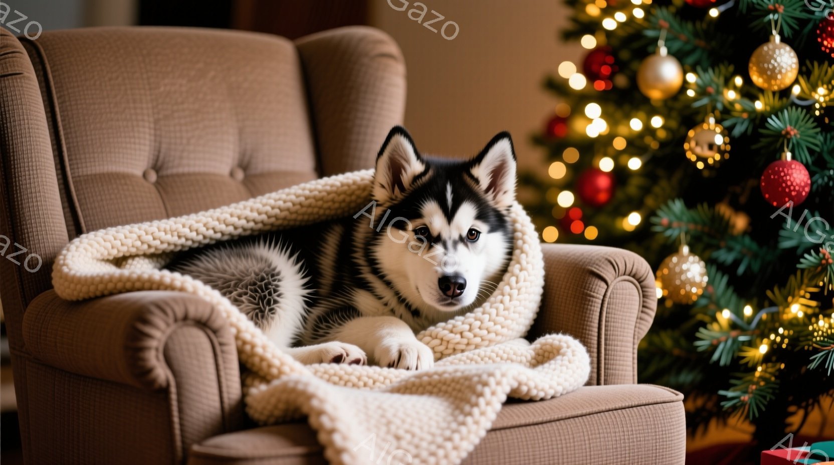 暖炉のそばにある茶色の椅子に、可愛らしいシベリアンハスキーが丸まって座っています。ハスキーはクリーム色の柔らかい毛布に包まれ、リラックスした表情でカメラを見つめています。背景には、輝くオーナメントで飾 - AI生成フリー素材