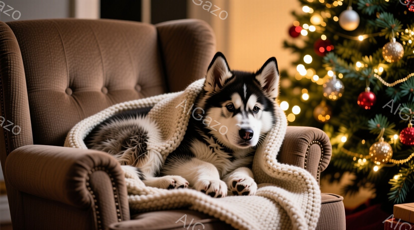 シベリアンハスキーが、茶色の肘掛け椅子の座席に丸まって横たわっている。白と黒の毛並みが美しく、首には白い編み物のショールが巻かれている。背景にはクリスマスツリーが飾られ、暖かく穏やかな家庭的な雰囲気が - AI生成フリー素材