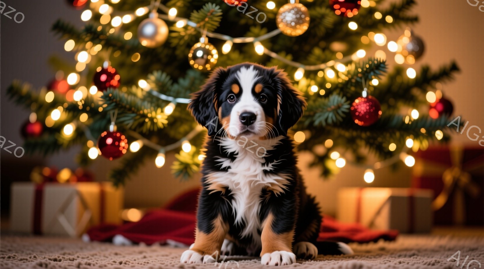 暖炉の前に座っている、ふわふわの茶色、黒、白の毛並みの子犬がいます。子犬は正面を見ており、少し好奇心とリラックスした表情をしています。背景には、キラキラと光るクリスマスツリーとプレゼントが置かれ、温か - AI生成フリー素材