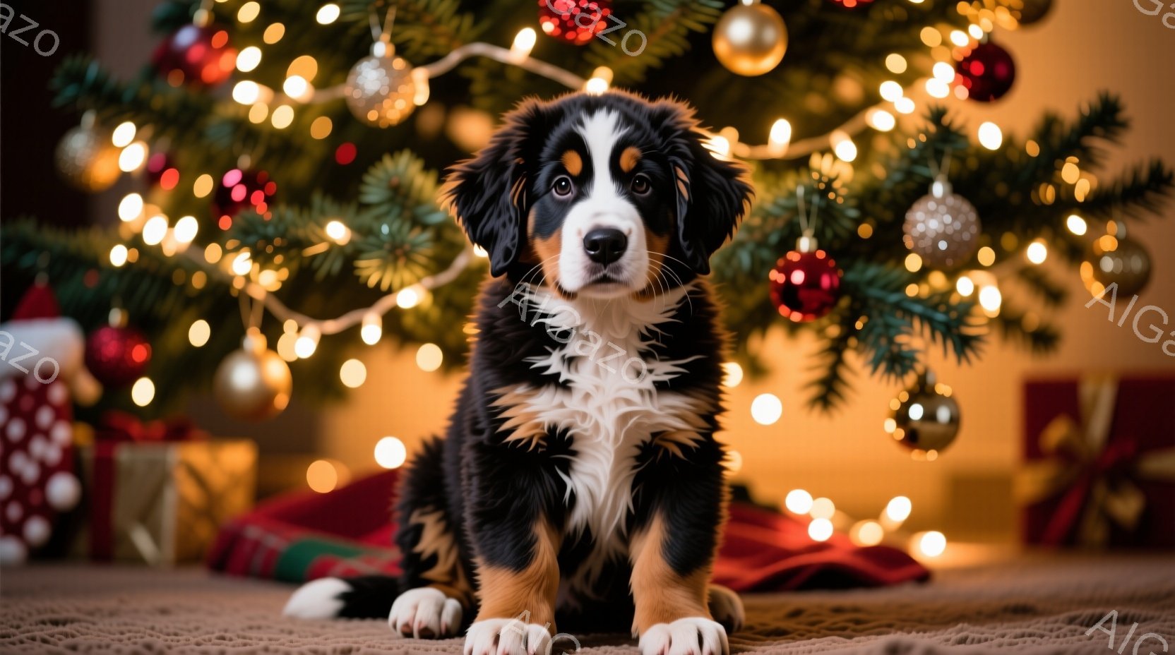 白黒と茶色の毛並みが美しい子犬が、カーペットの上に座って正面を見つめています。背景には、キラキラと輝くクリスマスツリーとプレゼントの山があり、暖かくお祝いムードに包まれています。子犬の表情は穏やかで、 - AI生成フリー素材