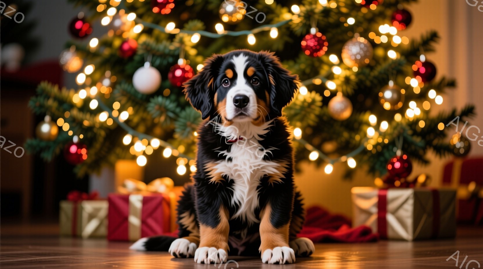幼いバーニーズ・マウンテン・ドッグが、クリスマスのデコレーションがされた部屋の中央で座っています。黒、白、茶色の毛並みが特徴的で、赤い首輪をつけており、穏やかで優しい表情をしています。背景には、装飾さ - AI生成フリー素材