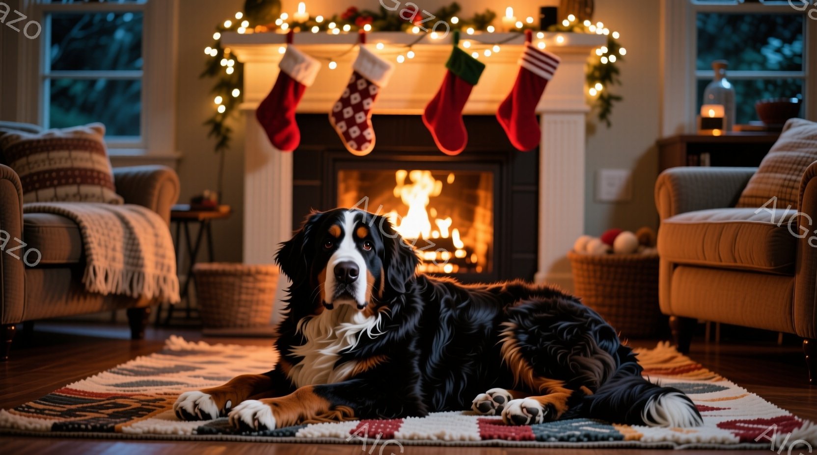 暖炉の前で大きなベルネーゼ・マウンテン・ドッグがリラックスして横たわっています。暖かい光が犬の黒、白、茶色の毛並みを照らし、カラフルなラグと、クリスマスストッキングが飾られた暖炉が背景に見えます。全体的に温かく、穏やかで、お祝いの雰囲気です。
