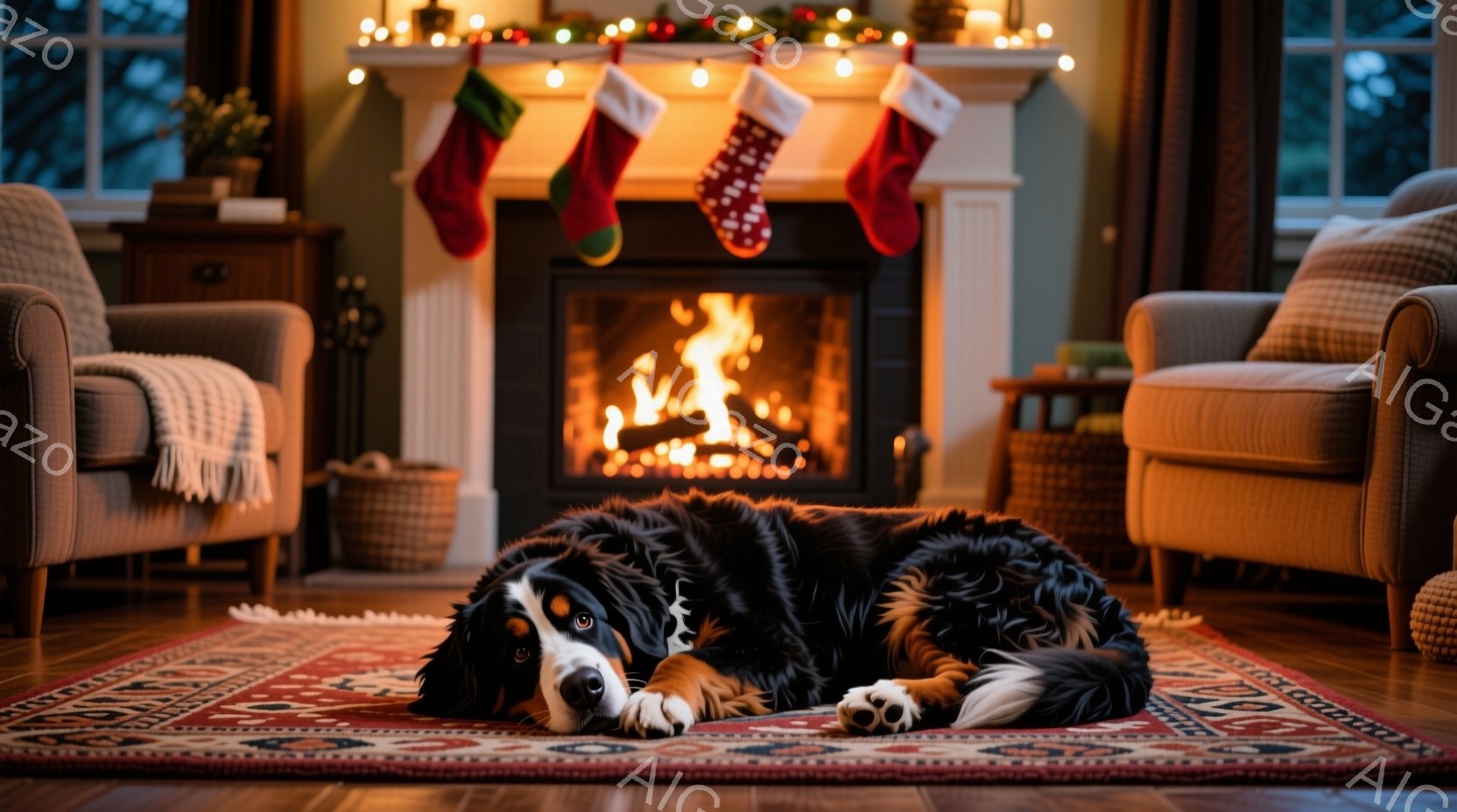 暖炉の前で、大きなベルン山犬が敷物の上で横たわっています。暖炉には火が燃え、赤いクリスマスストッキングが暖炉のマントルピースに飾られています。部屋は木製の床と家具で温かく、落ち着いた雰囲気で、クリスマスシーズンを予感させます。