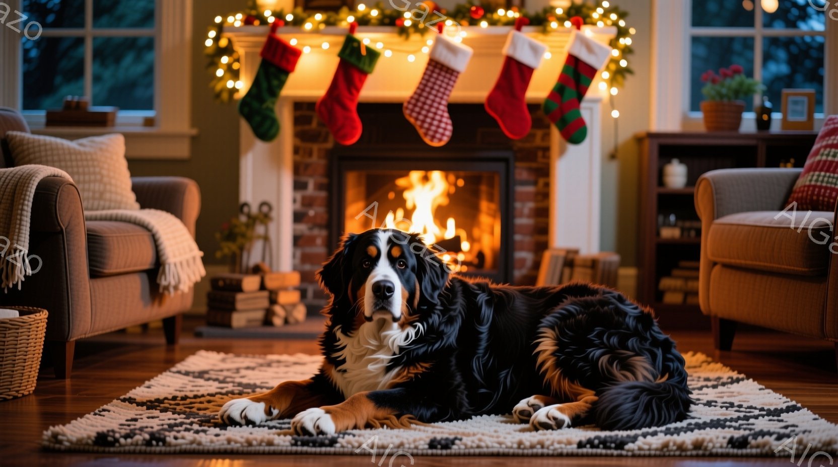 暖炉の前で、ベルン山犬がカーペットの上に横たわっています。犬は黒、白、茶色の毛並みで、落ち着いた表情で正面を見ています。背景には、クリスマス装飾が施された暖炉と、居心地の良い雰囲気の部屋が広がっていま - AI生成フリー素材