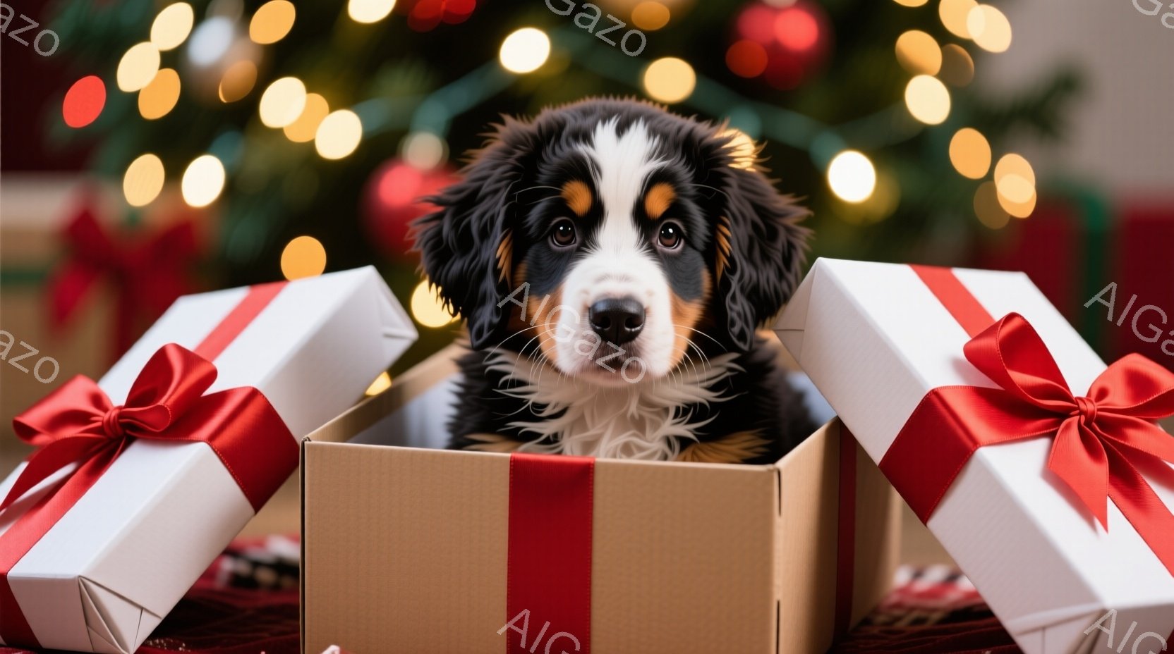 小さなベルニアン・マウンテン・ドッグの子犬が、赤いリボンで飾られたギフトボックスの中に座っています。子犬は真っ直ぐ前を見ており、愛らしくて好奇心旺盛な表情をしています。背景にはぼやけたクリスマスツリー - AI生成フリー素材