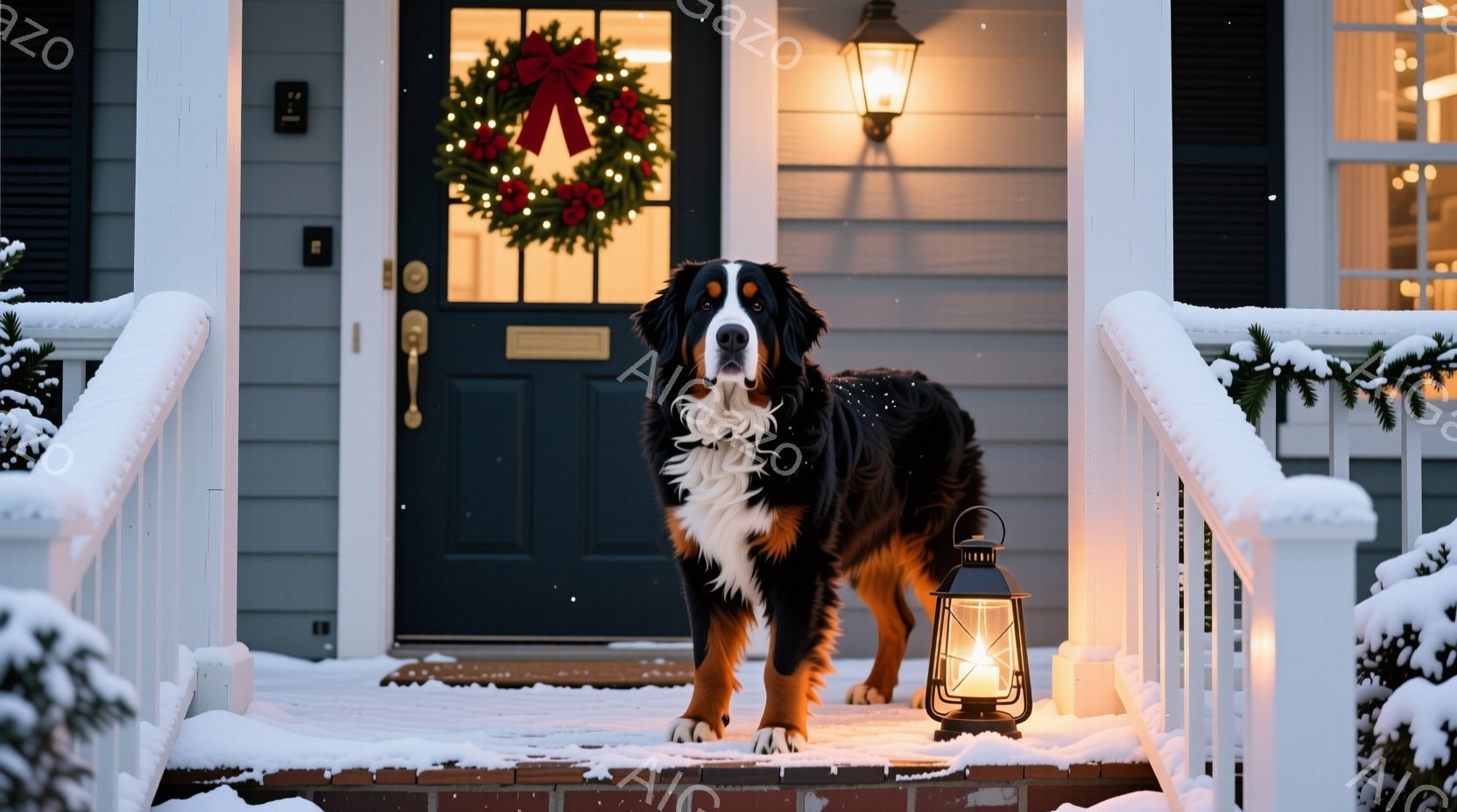 雪が降り積もる家の玄関先に、大きなバーニーズ・マウンテン・ドッグが立っている。犬は黒と白の毛並みで、少し毛が濡れており、正面をまっすぐ見つめている。背景にはクリスマスリースが飾られた玄関ドアと、灯りが - AI生成フリー素材