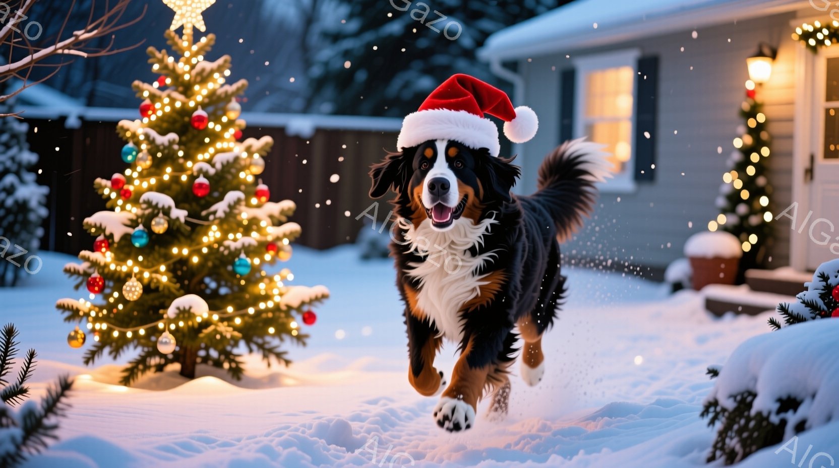 雪景色の中、サンタ帽を被ったベルン山犬が勢いよく走り出している。背景にはクリスマスツリーが飾られ、建物もイルミネーションで彩られ、冬の暖かく華やかな雰囲気が漂っている。犬は口を開けて楽しそうに走り、雪が舞い散る中で躍動感溢れる姿を見せている。