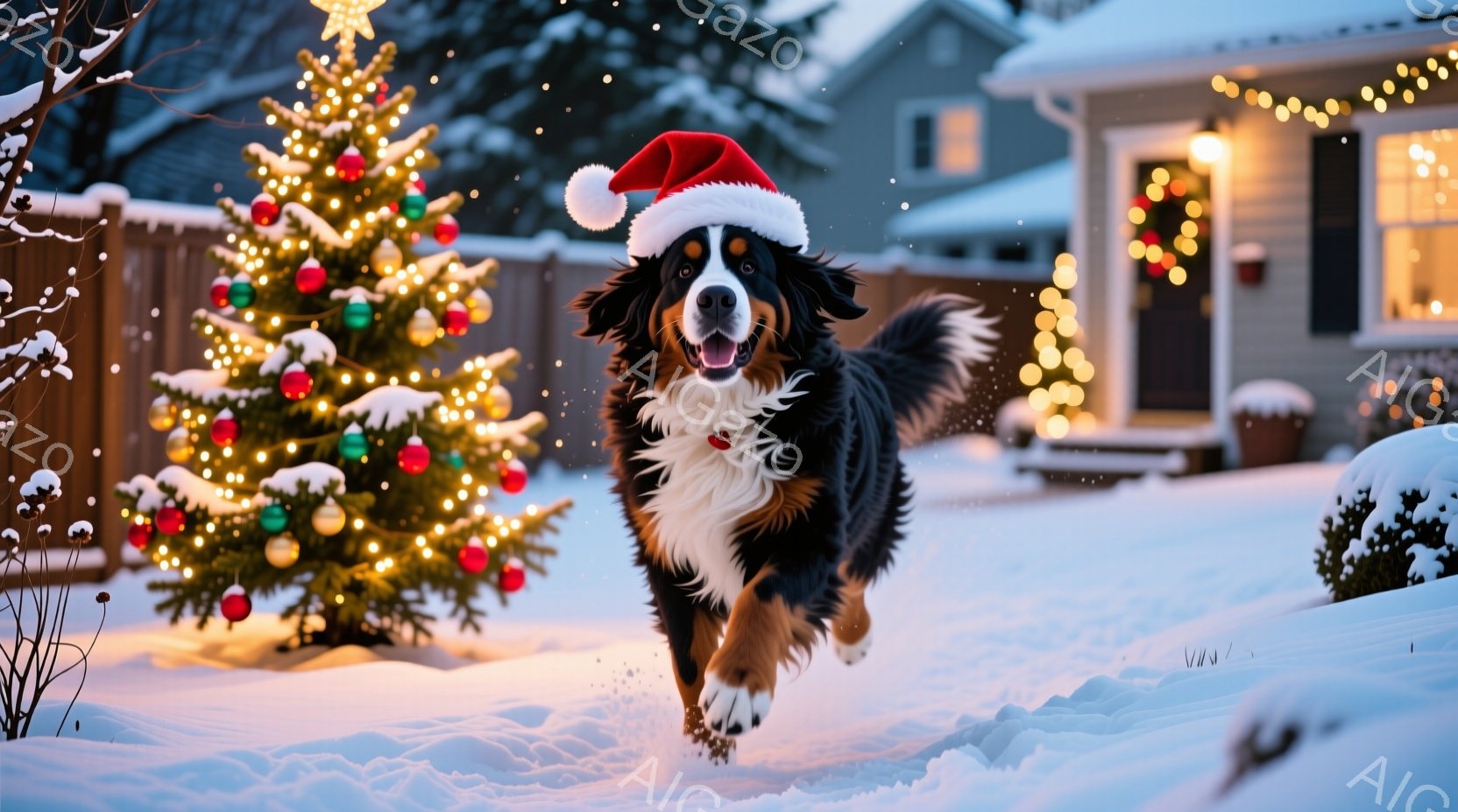 少年は赤いマグカップを両手で抱え、微笑みながら何かを飲んでいるようです。大きなバーニーズ・マウンテン・ドッグが少年の隣で横たわり、穏やかな表情で彼を見つめています。背景にはクリスマスツリーや暖炉があり - AI生成フリー素材