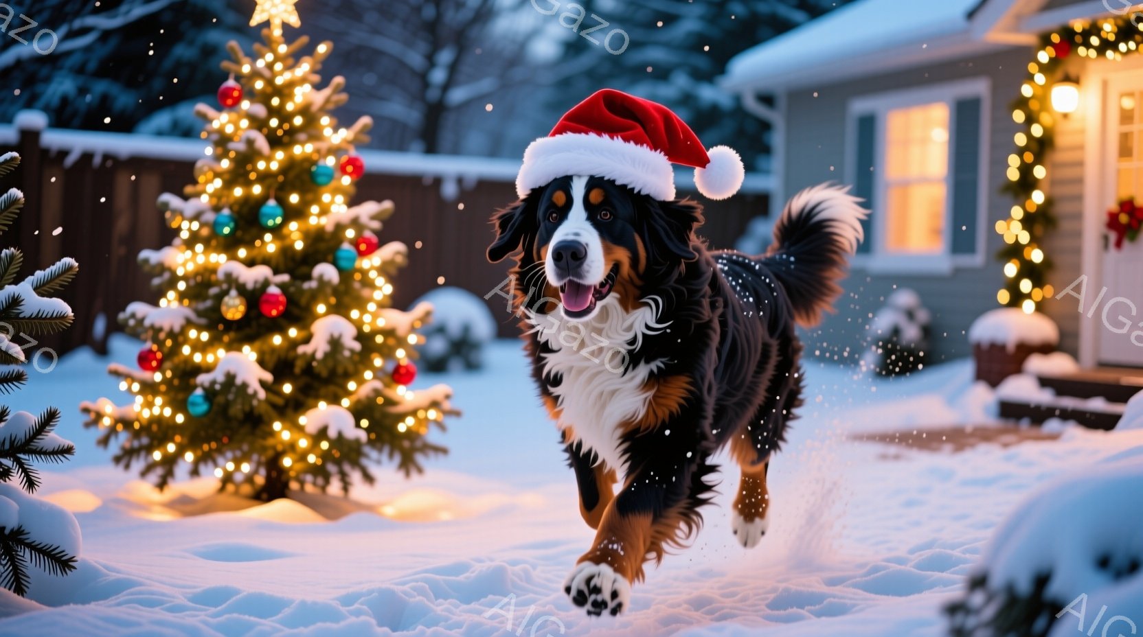 雪景色の中で、サンタの帽子を被ったベルニース・マウンテン・ドッグが勢いよく駆けている。背景には、イルミネーションで飾られた家と、輝くクリスマスツリーがあり、暖かく幸せな雰囲気を醸し出している。雪が舞い、犬の表情は喜びと興奮に満ちている。