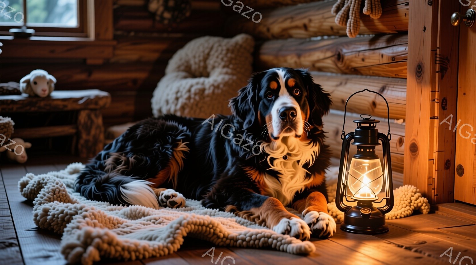 バーニーズ・マウンテン・ドッグが、毛糸のようなテクスチャーの白いブランケットの上に横たわっています。背景は木の壁で、暖炉のような構造があり、全体的に温かく落ち着いた雰囲気です。オイルランプが犬の近くに置かれ、柔らかな光が室内を照らしています。