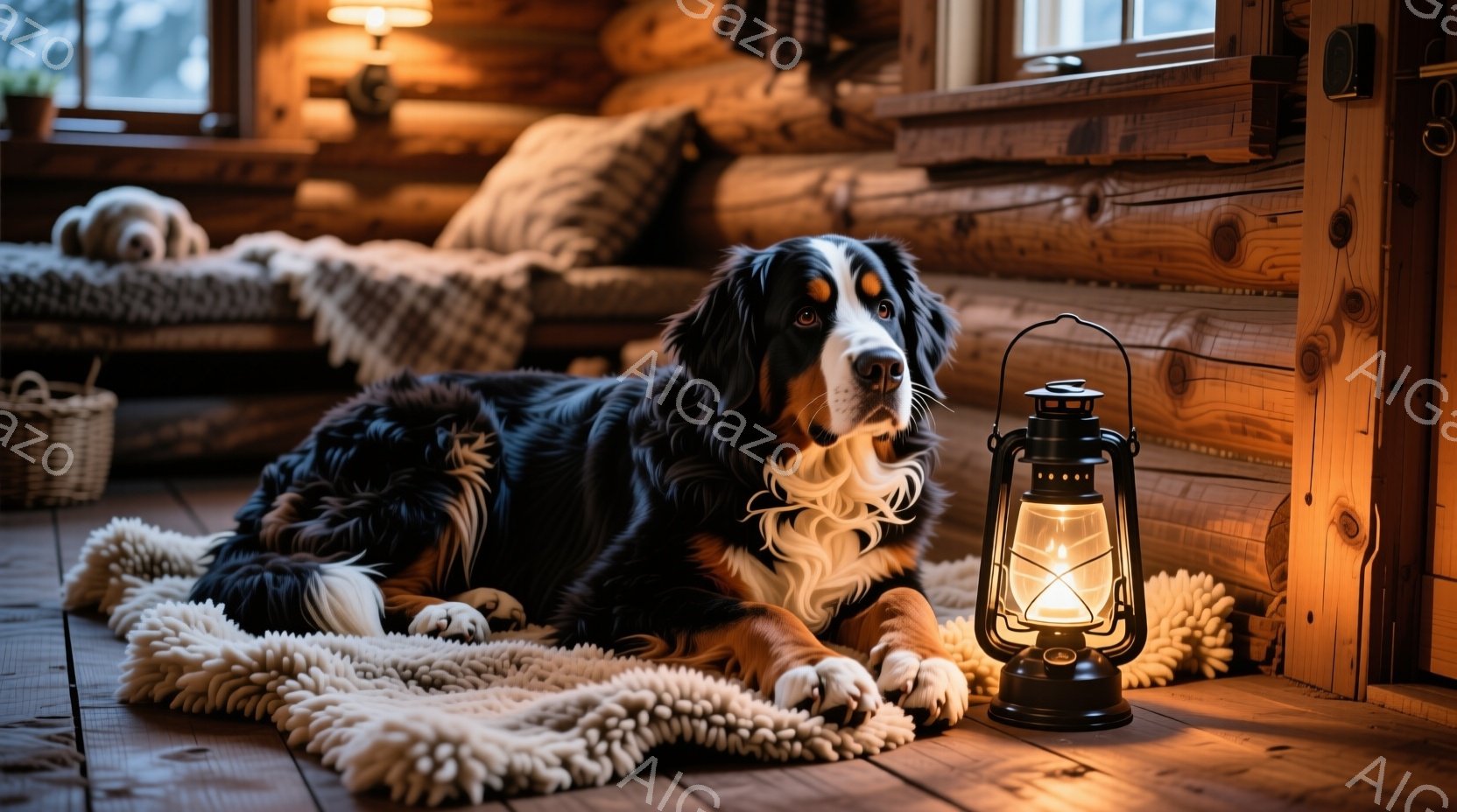 暖炉のある木の家の中で、毛並みの美しいバーニーズ・マウンテン・ドッグが白いフリースのような敷物の上でリラックスして横たわっています。背後には、クッションが置かれたソファと木製の壁が見え、室内は暖かく穏やかな雰囲気が漂っています。傍らには、暖かな光を放つランタンが置かれ、さらに室内全体の心地よい雰囲気を高めています。
